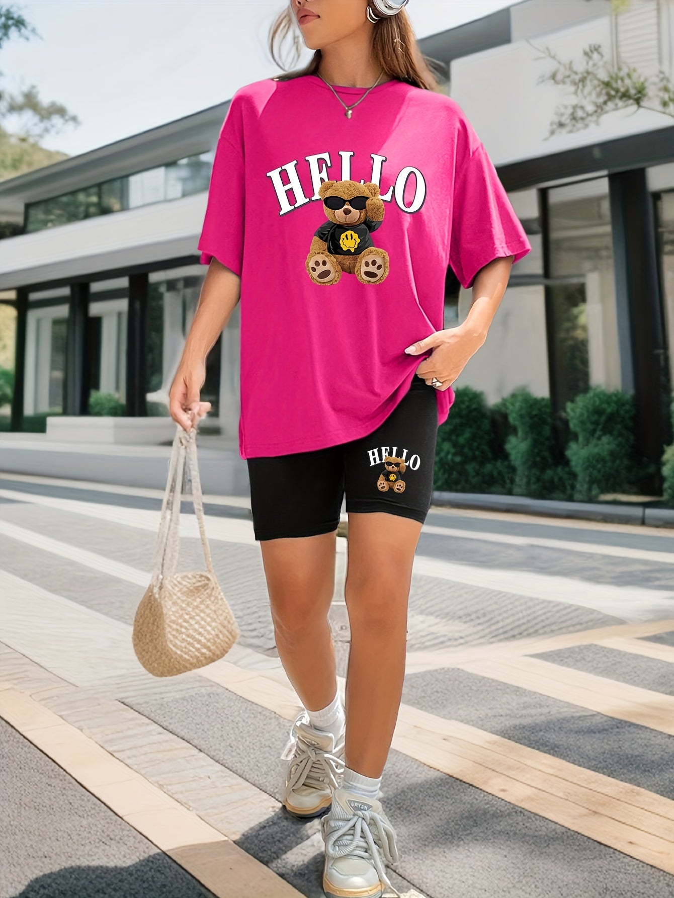 Hello Bear Print Casual Shorts Set, Crew Neck Short Sleeve Top & Elastic Waist Shorts Outfits For Spring & Summer, Women's Clothing