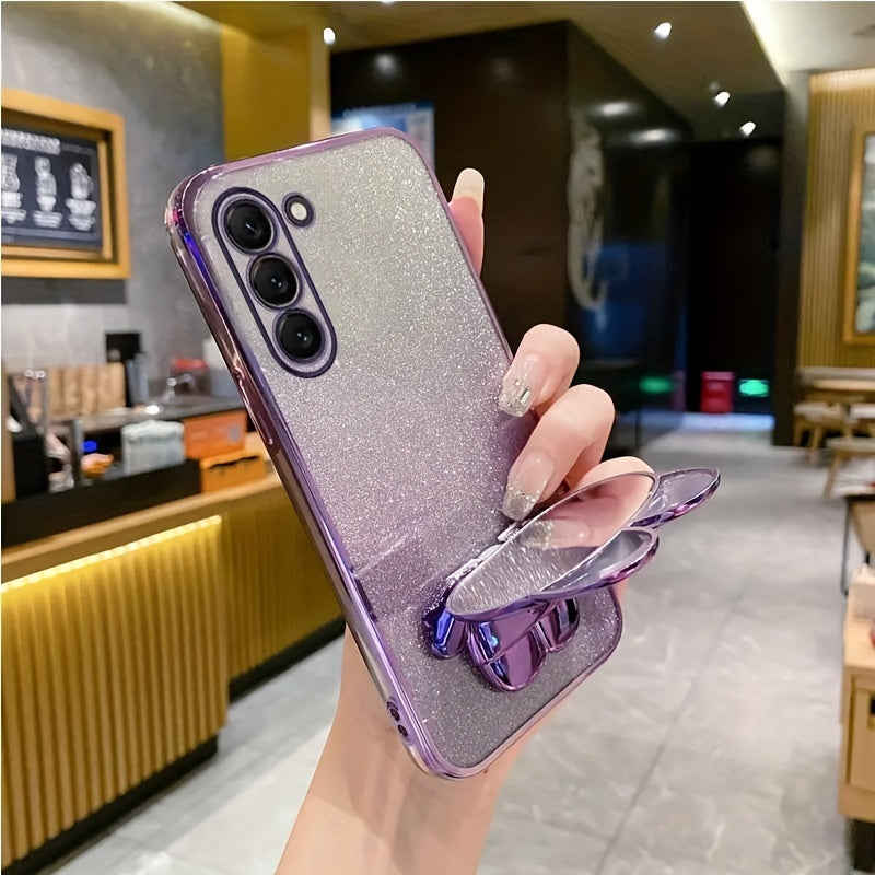 Glitter Case For HUAWEI Y7 Y9 Prime 2019 Y6p Y9s Cute Cartoon Rabbit Phone Case Luxury Laser Electroplated Mirror Holder Cover + Folding Stand