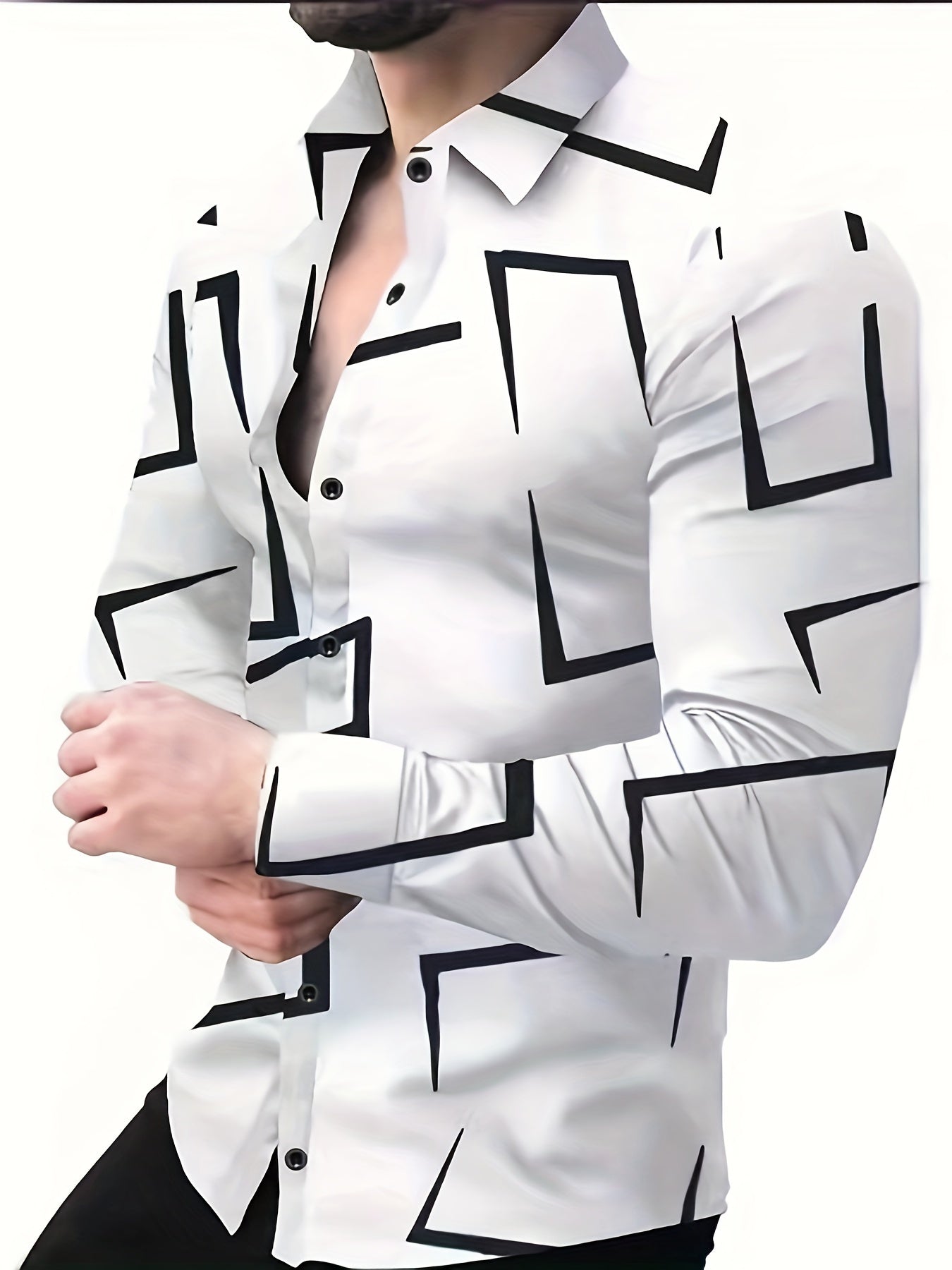 Geometric Print Men's Summer Fashionable And Simple Long Sleeve Button Casual Lapel Shirt, Trendy And Versatile, Suitable For Dates, Beach Holiday, As Gifts