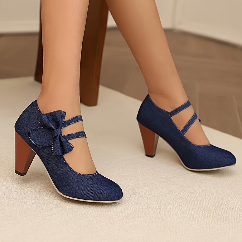 Women's Fashion Denim Mary Jane Kitten Heels with Bowknot, Round Toe High Heels for Dress, Party, Banquet, Festival