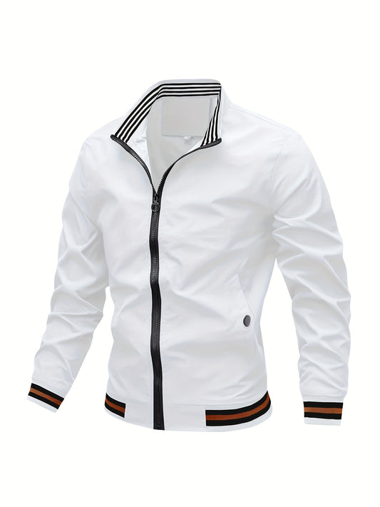 Men's Striped Jacket With Pockets, Casual Stand Collar Zip Up Long Sleeve Outwear For Outdoor