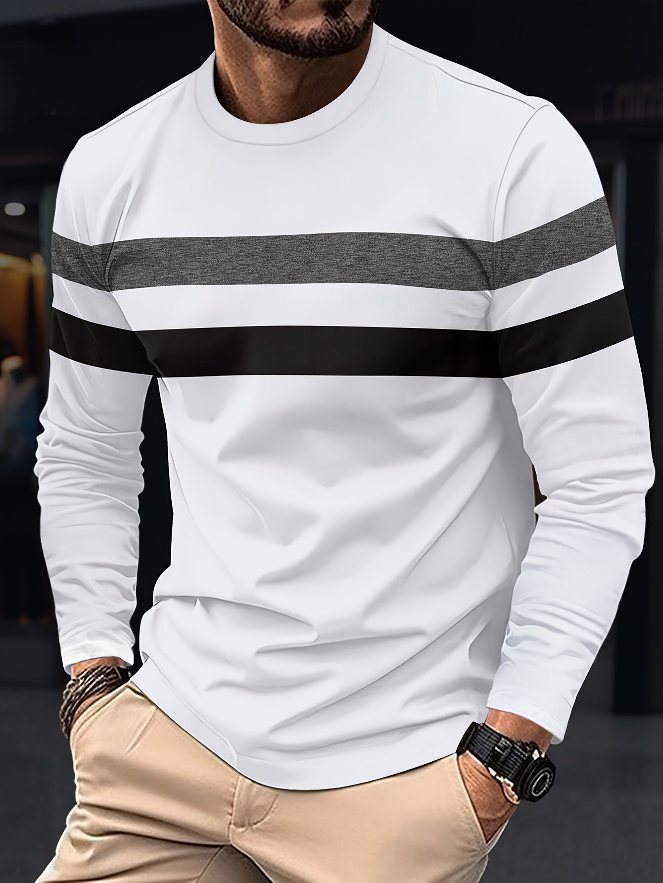 Men's Color Block T-shirt, Men's Comfy Long Sleeve Crew Neck Tee, Men's Clothing For Outdoor Activity