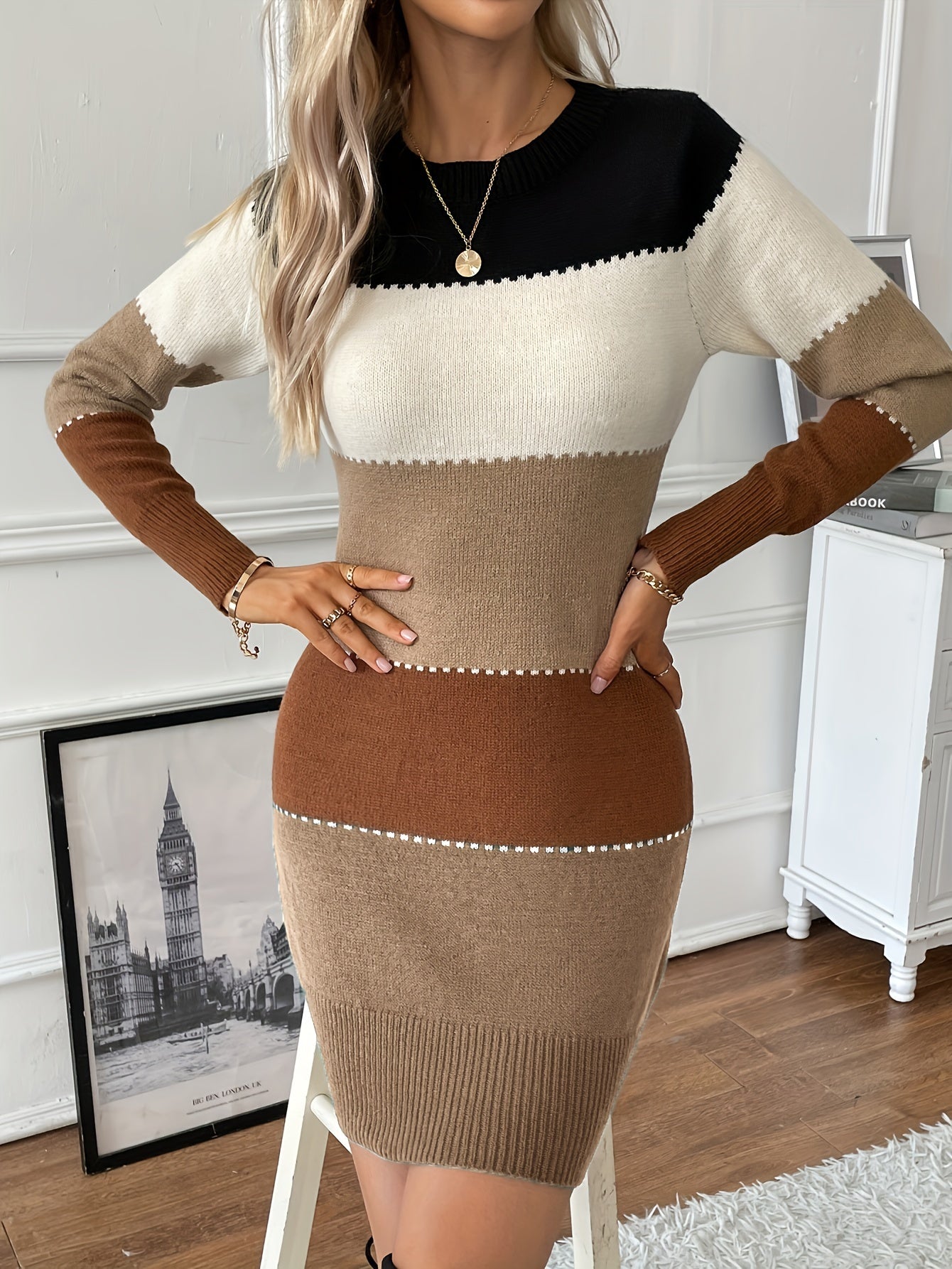 Color Block Long Sleeve Dress, Elegant Crew Neck Dress, Women's Clothing