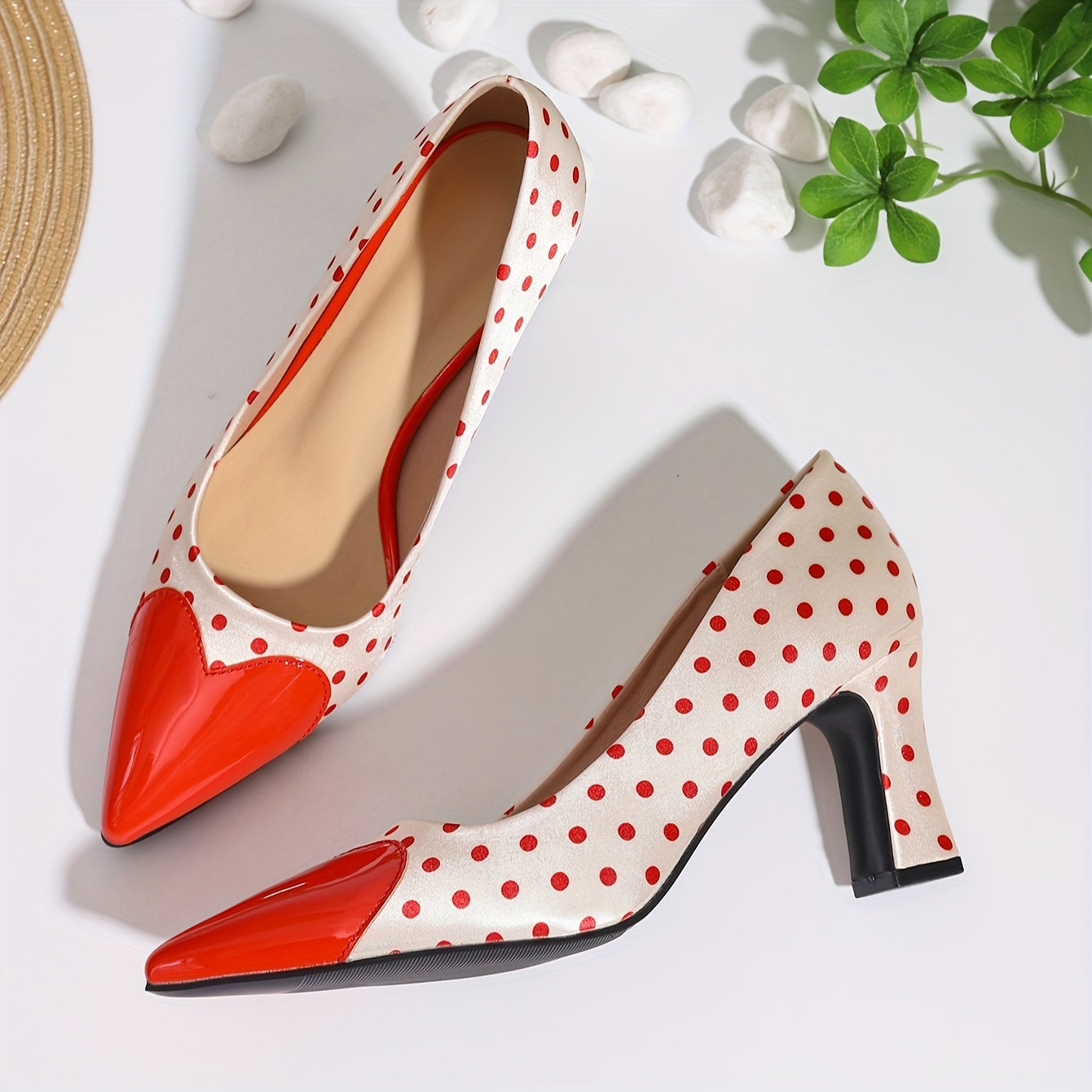 Women's Polka Dot Pumps, Shallow Mouth Slip On Chunky Heel Wedding Shoes, Point Toe Heart Dressy Shoes