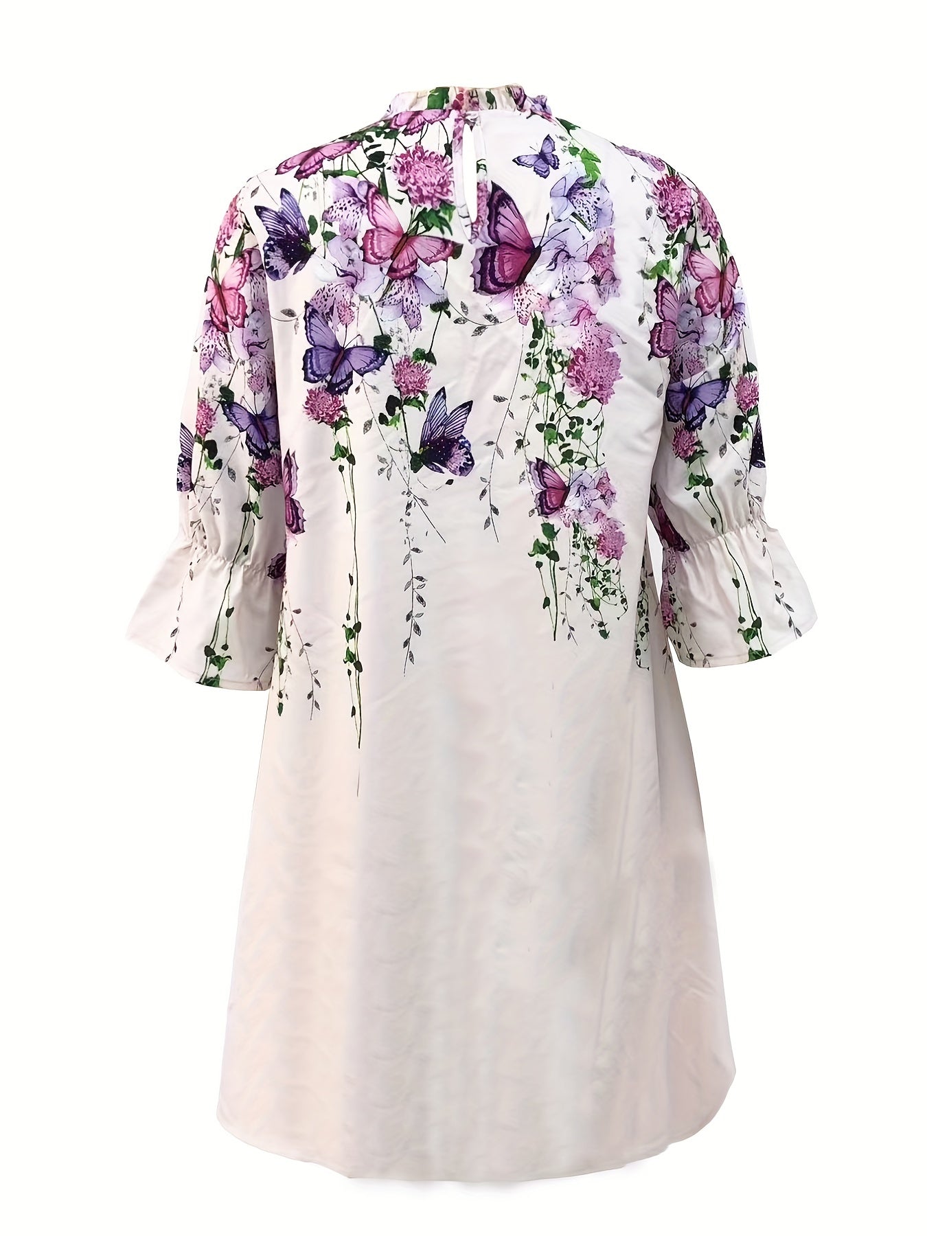 Floral & Butterfly Print Dress, Casual Three-quarter Sleeve Dress, Women's Clothing