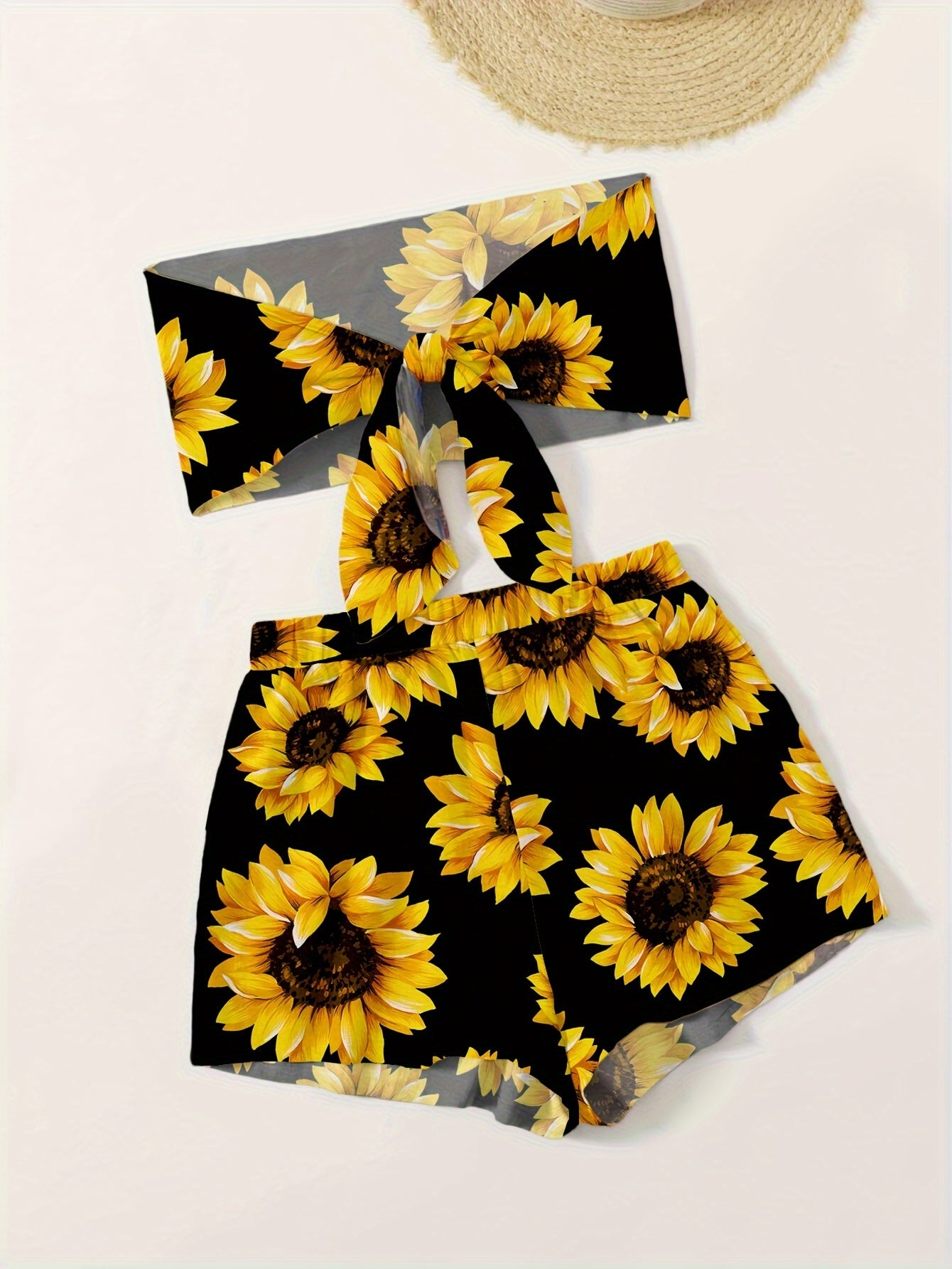 Vacation Style Sunflower Print Shorts Set, Tie Front Crop Top & Elastic Waist Loose Shorts, Women's Clothing