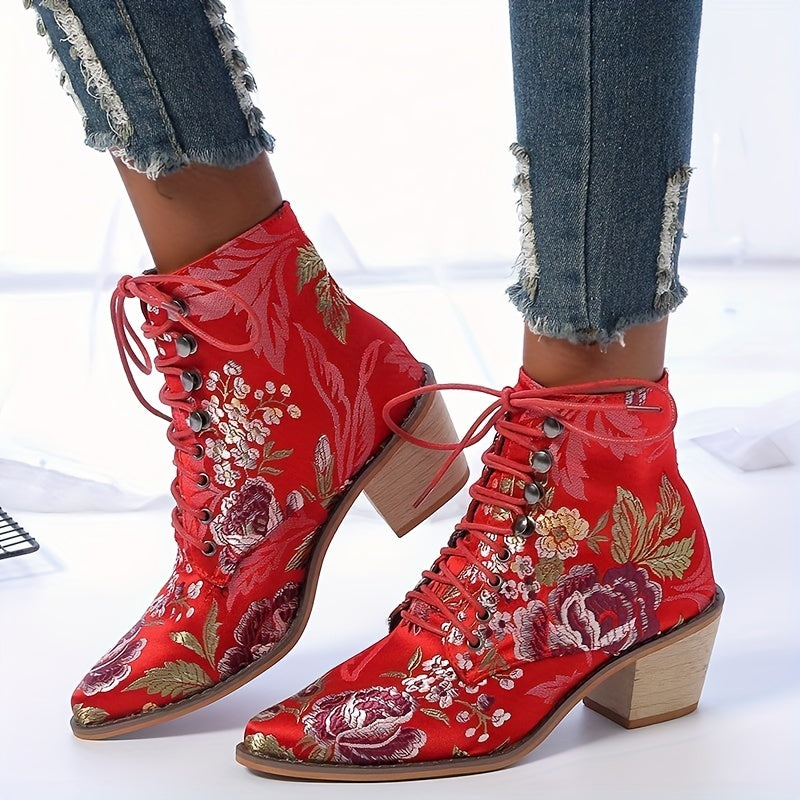 Women's Floral Embroidered Chunky Heel Boots, Fashion Point Toe Lace Up Boots, Comfortable Cowboy Boots