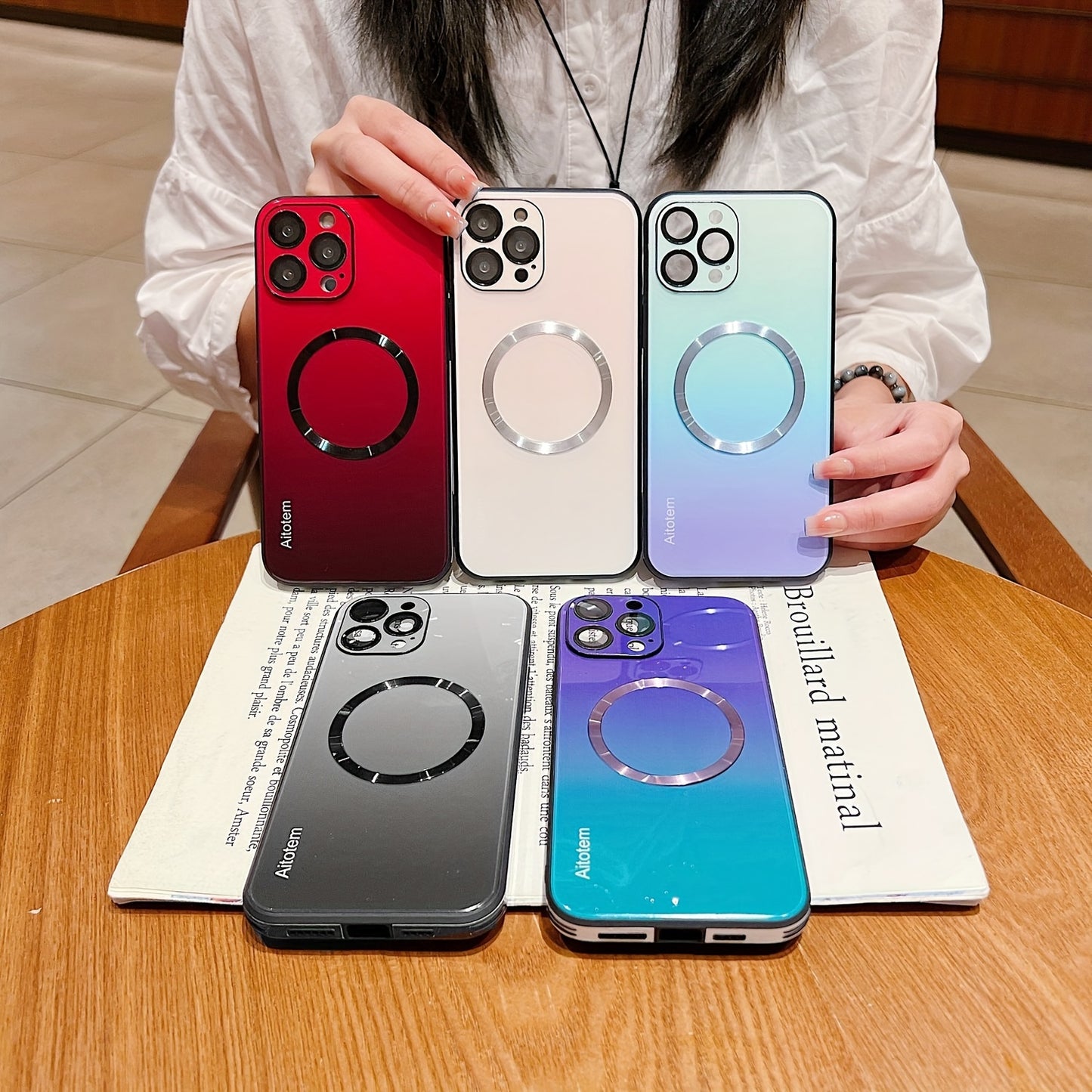 For IPhone 15 Pro Max 14 Pro 13 Gradient Magnetic Phone Case Magnetic Hybrid Glass Camera Lens Shockproof Wireless Charging Cover Skin