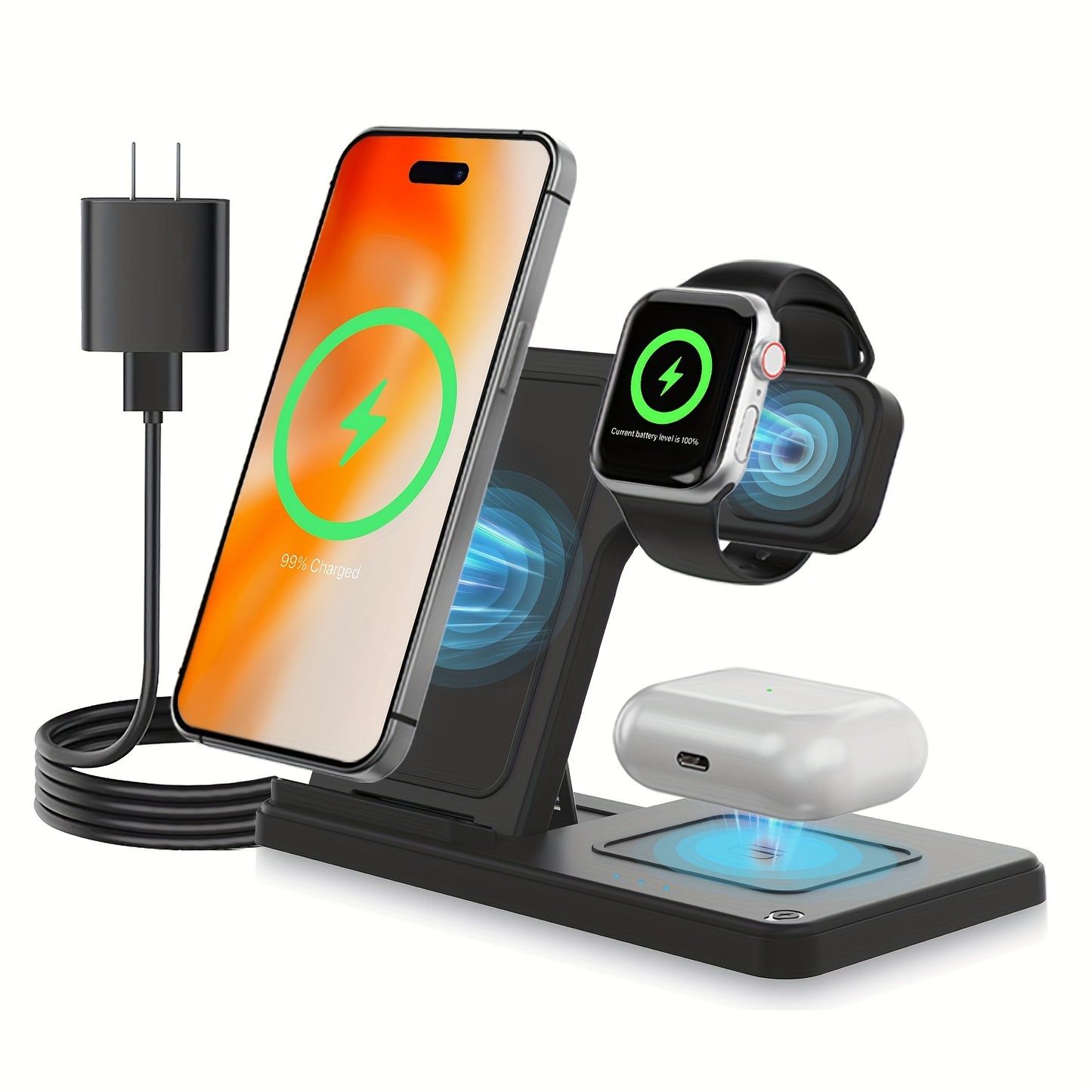 MAKIT HOME  Portable 3 In 1 Fast Wireless Charger, 15W Mag-Safe Foldable Wireless Charging Station Suitable For iPhone 15 14 Pro Max 13 12 11, For iWatch 9 8 7 6 5 4 3 2 Se, For Airpods 3 2 Pro Multiple Devices