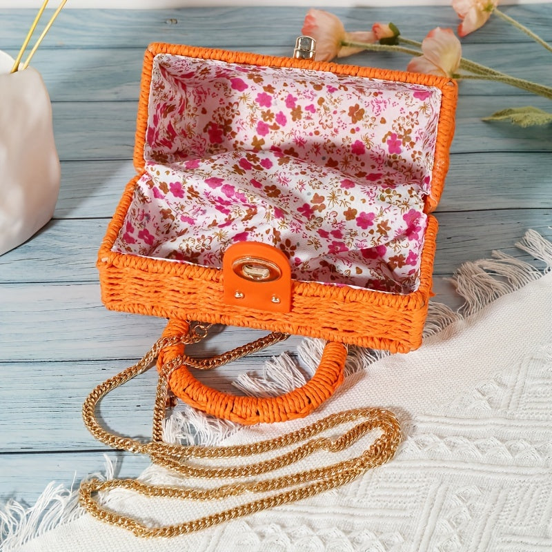 Straw Woven Box Handbags, Boho Style Crossbody Bag, Women's Mini Square Purse For Holiday Beach