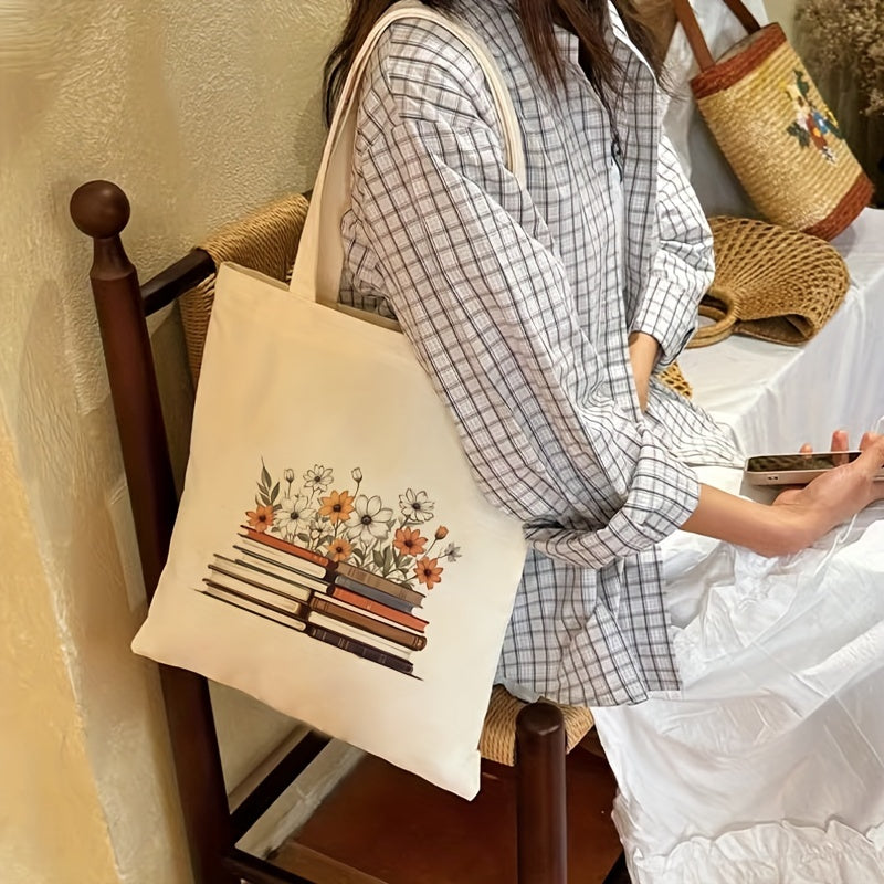 1pc Book and Flower Pattern Shoulder Bag Shopping Canvas Bag Canvas Tote Bag Tote Casual Canvas School Multifunctional Shopping Bag