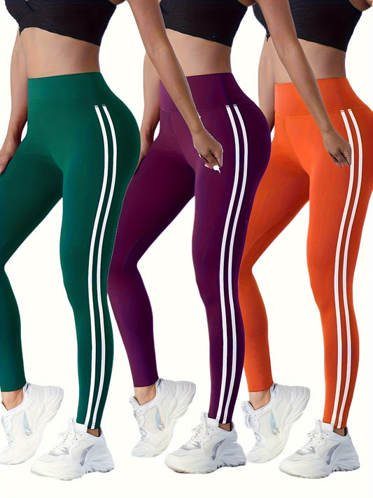 3Pcs Side Striped Pattern Yoga Pants, High Waist Butt Lifting Workout Leggings, Women's Activewear Wide Waistband