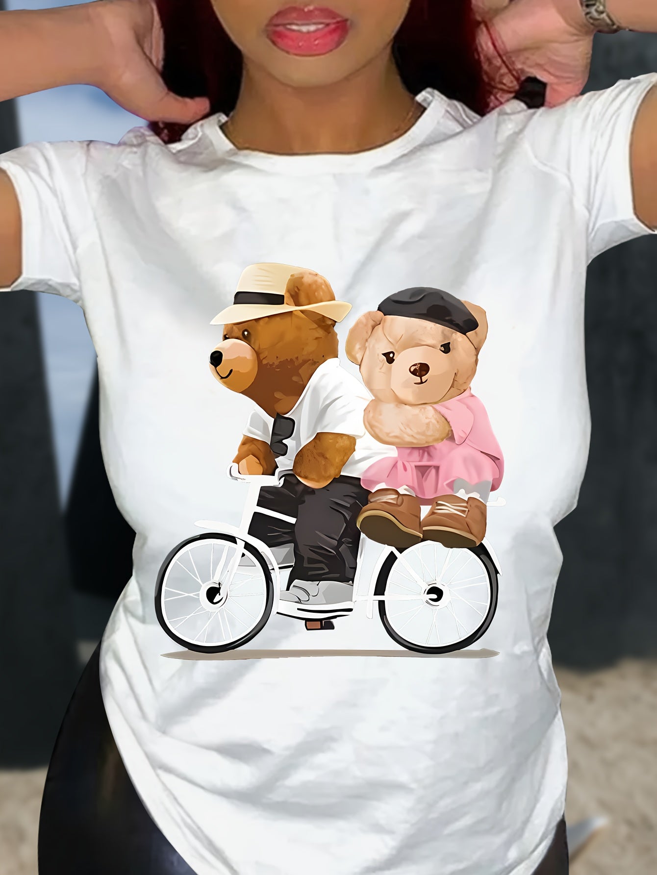 Teddy Bear Print T-shirt, Short Sleeve Crew Neck Casual Top For Summer & Spring, Women's Clothing