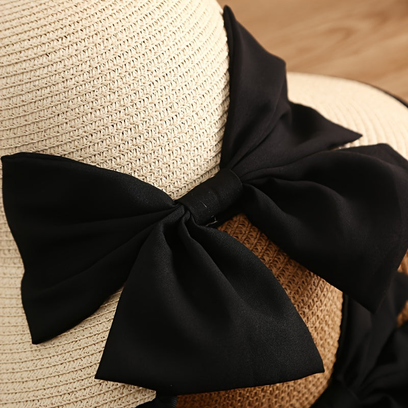 Black Bowknot Straw Hat Elegant Solid Coor French Style Sun Hats Trendy Travel Beach Hats For Women daily uses Summer Outdoor