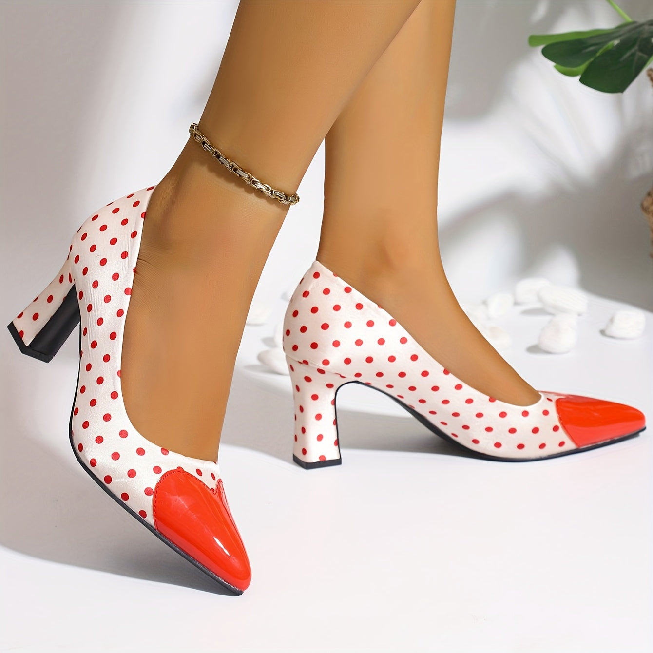 Women's Polka Dot Pumps, Shallow Mouth Slip On Chunky Heel Wedding Shoes, Point Toe Heart Dressy Shoes