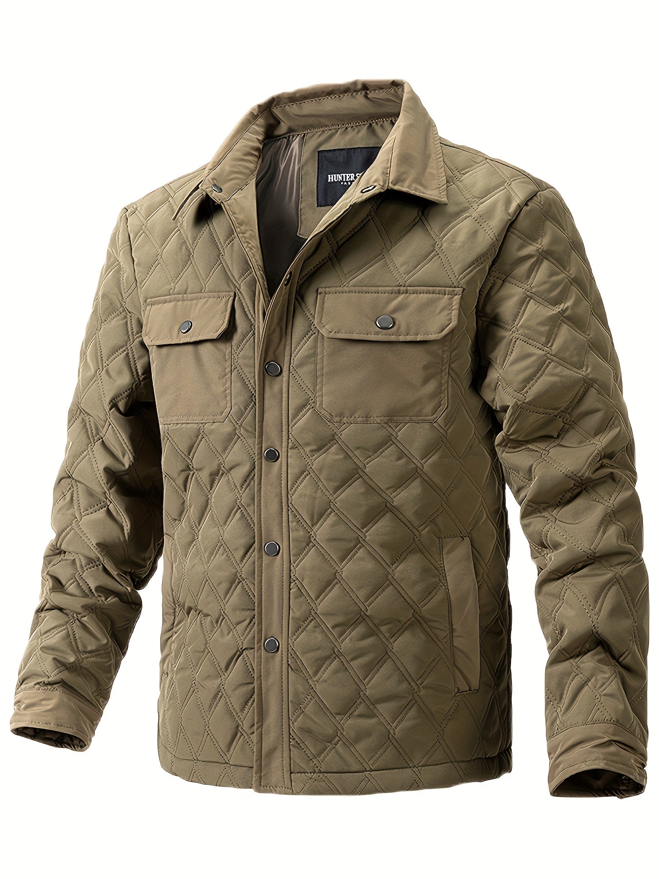 Men's Casual Polyester Quilted Jacket with Stand Collar, Solid Color Long Sleeve Lightweight Hiking Outdoor Jacket with Pockets, Tear-Resistant Washable Fall/Winter Outerwear