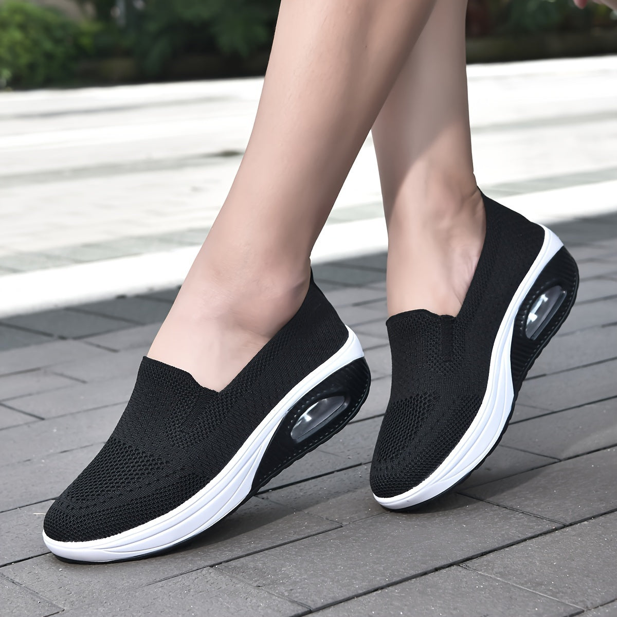 Women's Casual Slip On Sneakers, Platform Soft Sole Knitted Walking Shoes, Air-cushion Breathable Wedge Shoes For Autumn