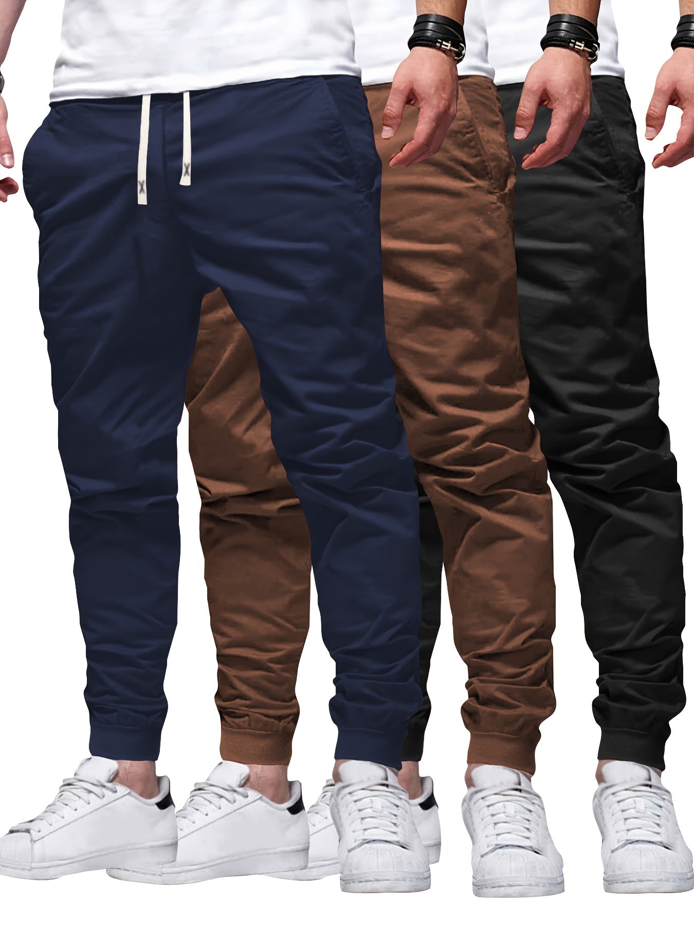 3pcs Solid Color Men's Regular Fit Jogger Sweatpants With Drawstring And Pockets, Chic And Trendy Trousers For Spring And Autumn Outdoors And Sports Wear