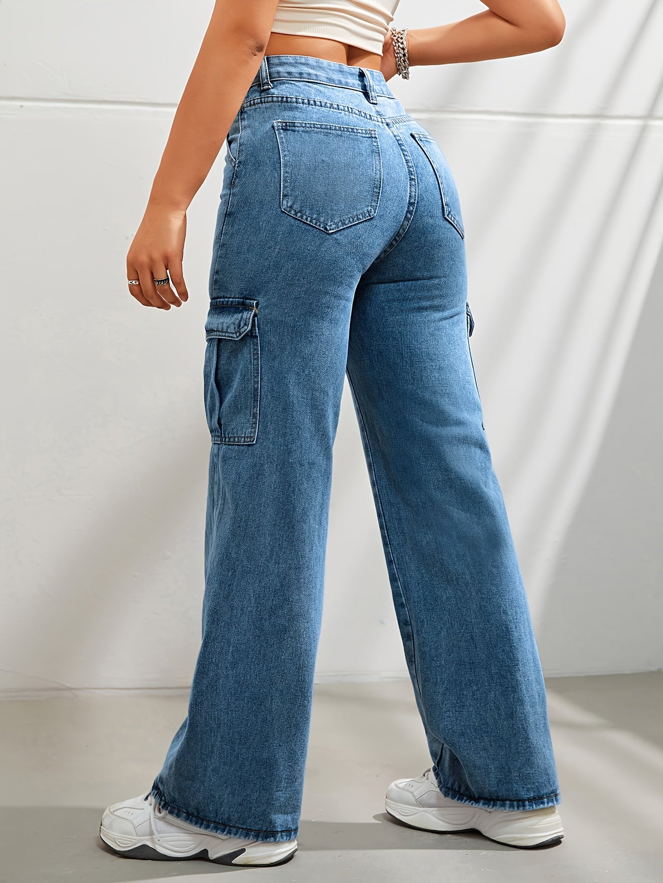 Women's Casual Wide Leg Denim Cargo Pants, Fashion Plain Jeans With Side Pockets, High Waist And Relaxed Fit For Fall