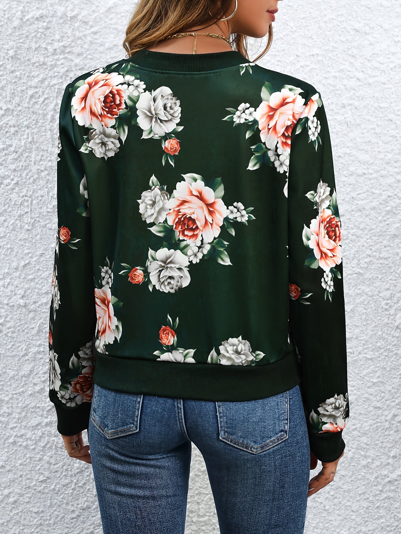 Floral Print Zip-up Jacket, Casual Long Sleeve Jacket For Fall & Winter, Women's Clothing