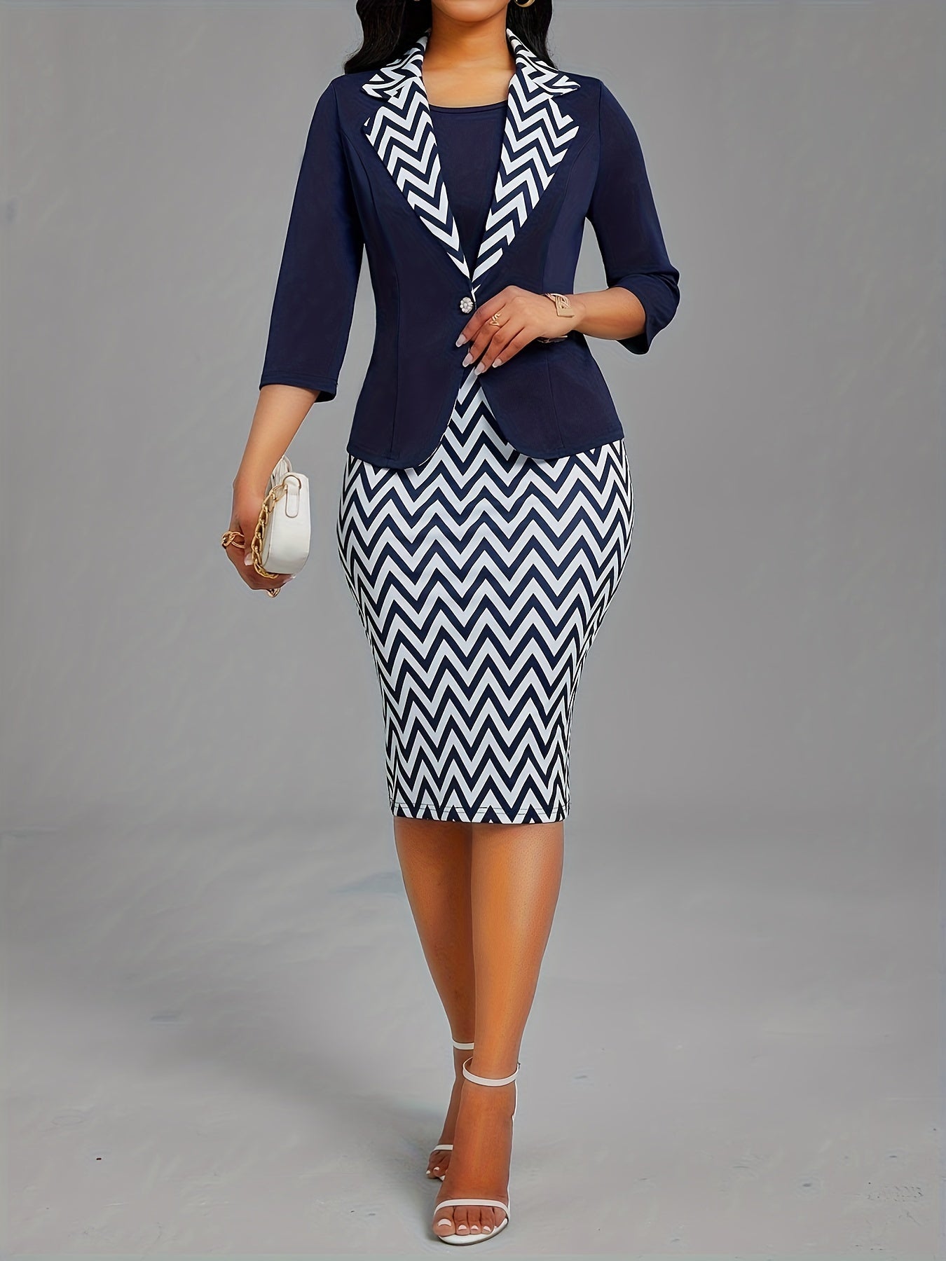 Elegant Geometric Pattern Knit Dress Suit - Polyester Blend Lapel Collar, Medium Stretch, Three Quarter Sleeve with Button Detail, Regular Fit H-Contour Office Wear - Middle East Collection