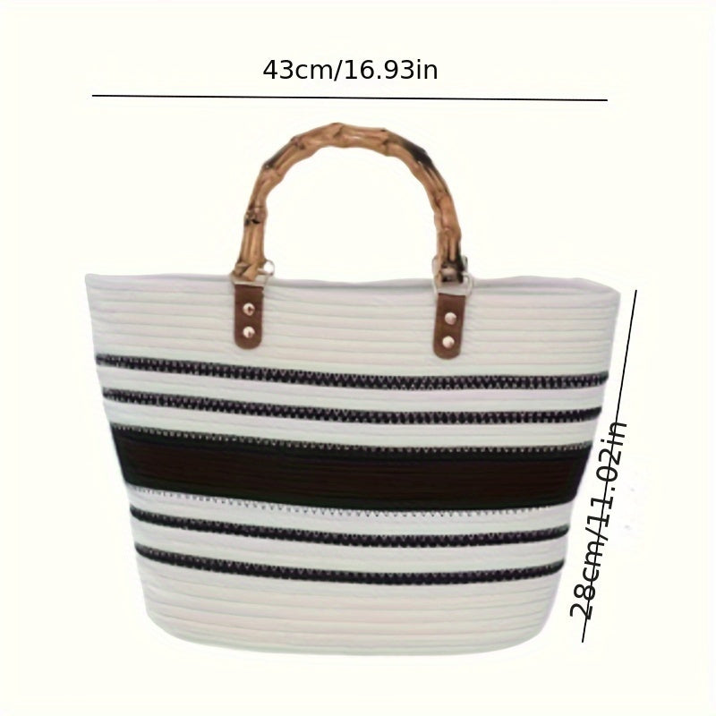 1pc Handmade Woven Cotton Rope Bags, Bamboo Joint Bags, Straw Woven Bags, Simple Commuting Handbags, Multiple Styles Of Tote Bags