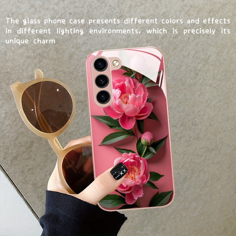 Pink Flower Glass Phone Case For SamSung For Galaxy Series - S24/S24 Plus/S24 Ultra, S23/S23 Plus/S23 Ultra, S22/S22 Plus/S22 Ultra, S21/S21 Plus/S21 Ultra/S21 FE, S20/S20 Plus/S20 Ultra, A03/A04, A13/A14/A22/A23/A25, A32/A33