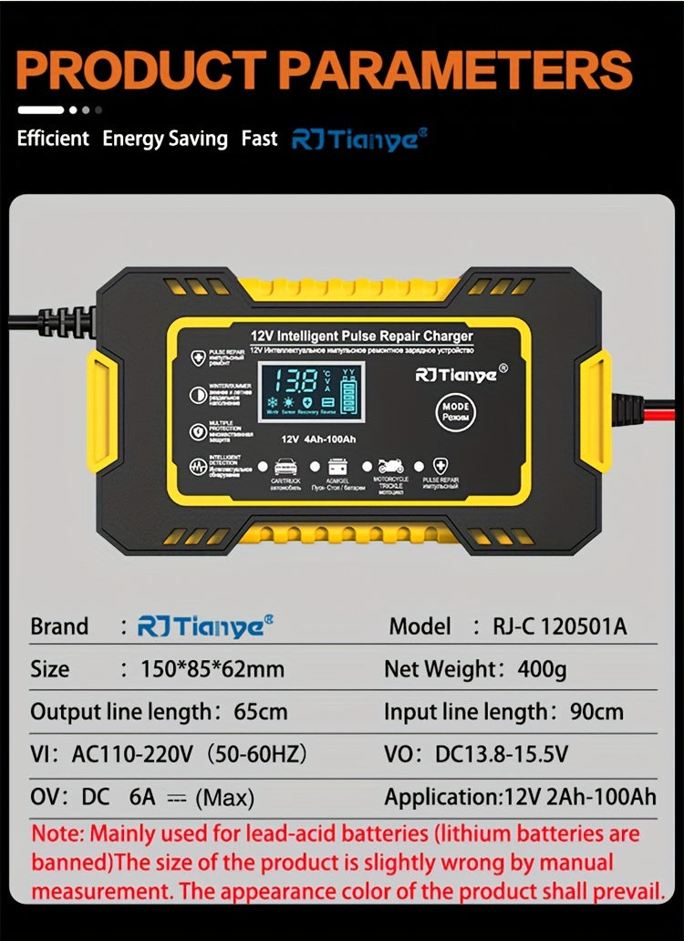 Car Battery Charger, 12V 2Ah-100Ah Smart Battery Trickle Charger Automotive Battery Maintainer Desulfator With Temperature Compensation