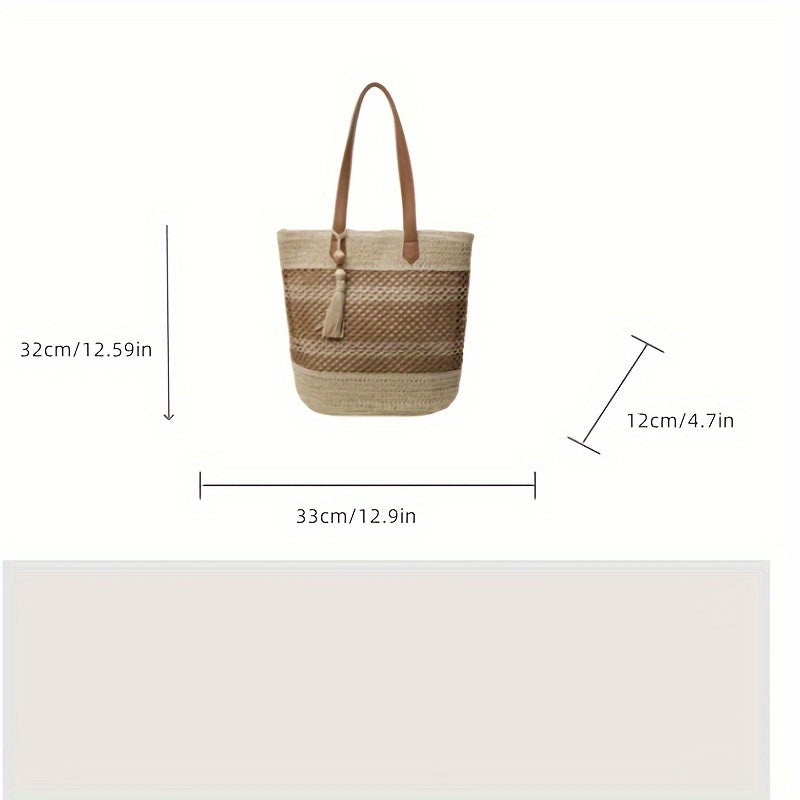 Casual Style Tote Bag With Tassel, Large Capacity Fabric Bag, Beach And Travel Bag For Women