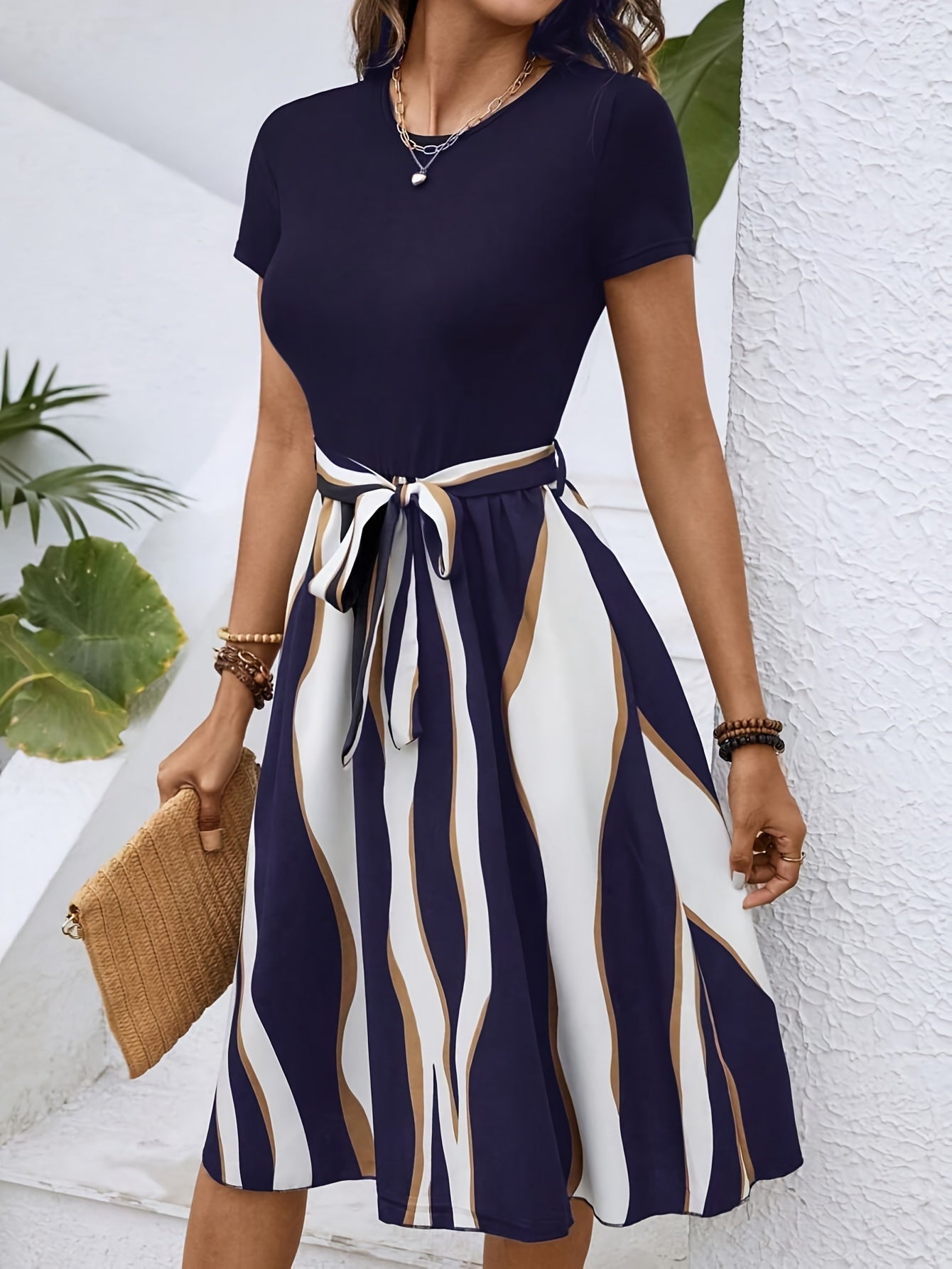 Women's Summer Dress Tie Waist Modest Midi Dress Short Sleeve A Line Belted Dress Daily Casual