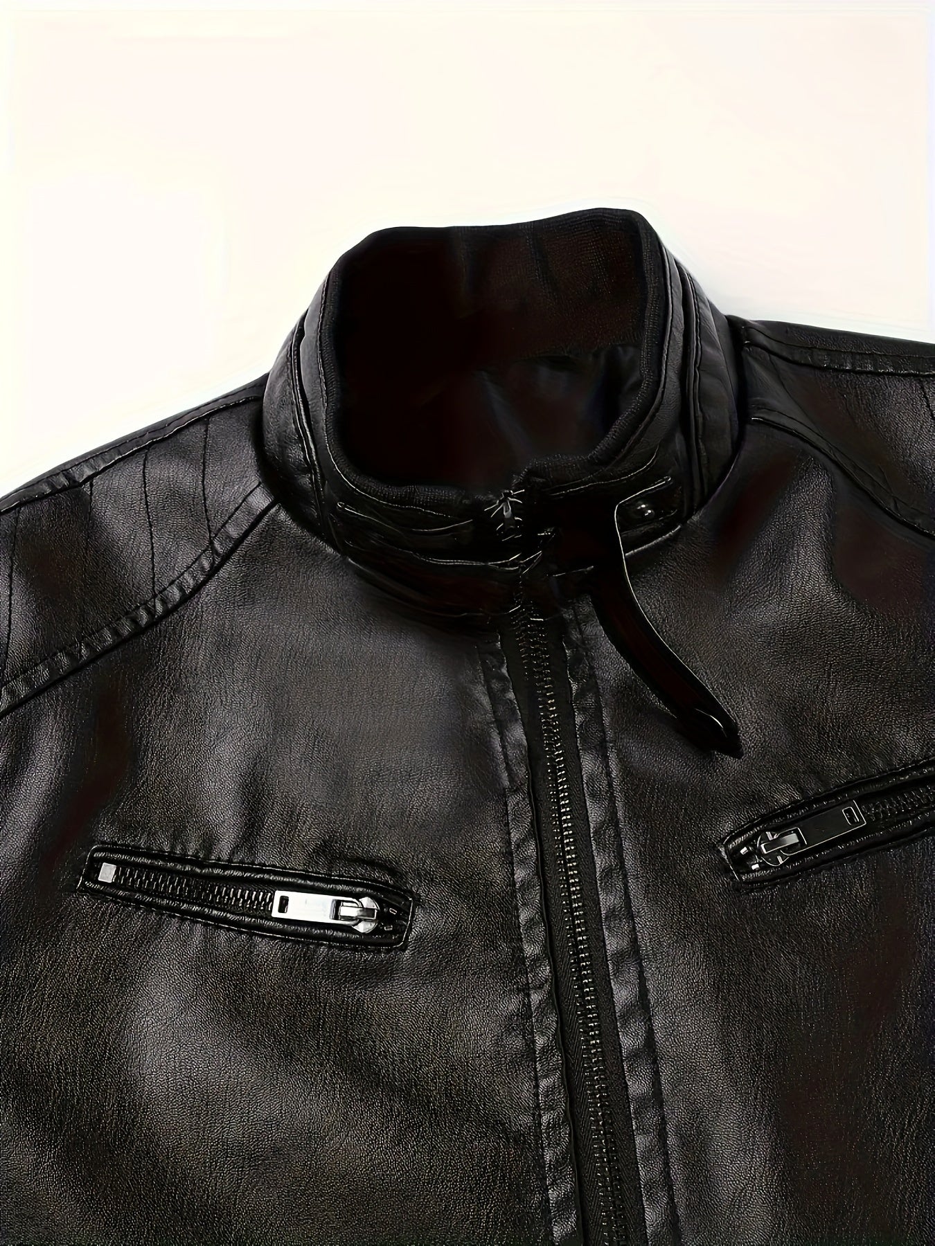 Men's PU Leather Jacket With Multi Zipper Pockets, Casual Stand Collar Zip Up Long Sleeve Jacket For Outdoor