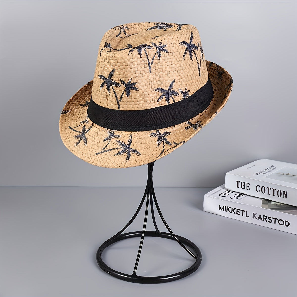 4-Piece Set of Men's Panama Straw Hats with Palm Tree Pattern - Suitable for Beach, Sun, and Style