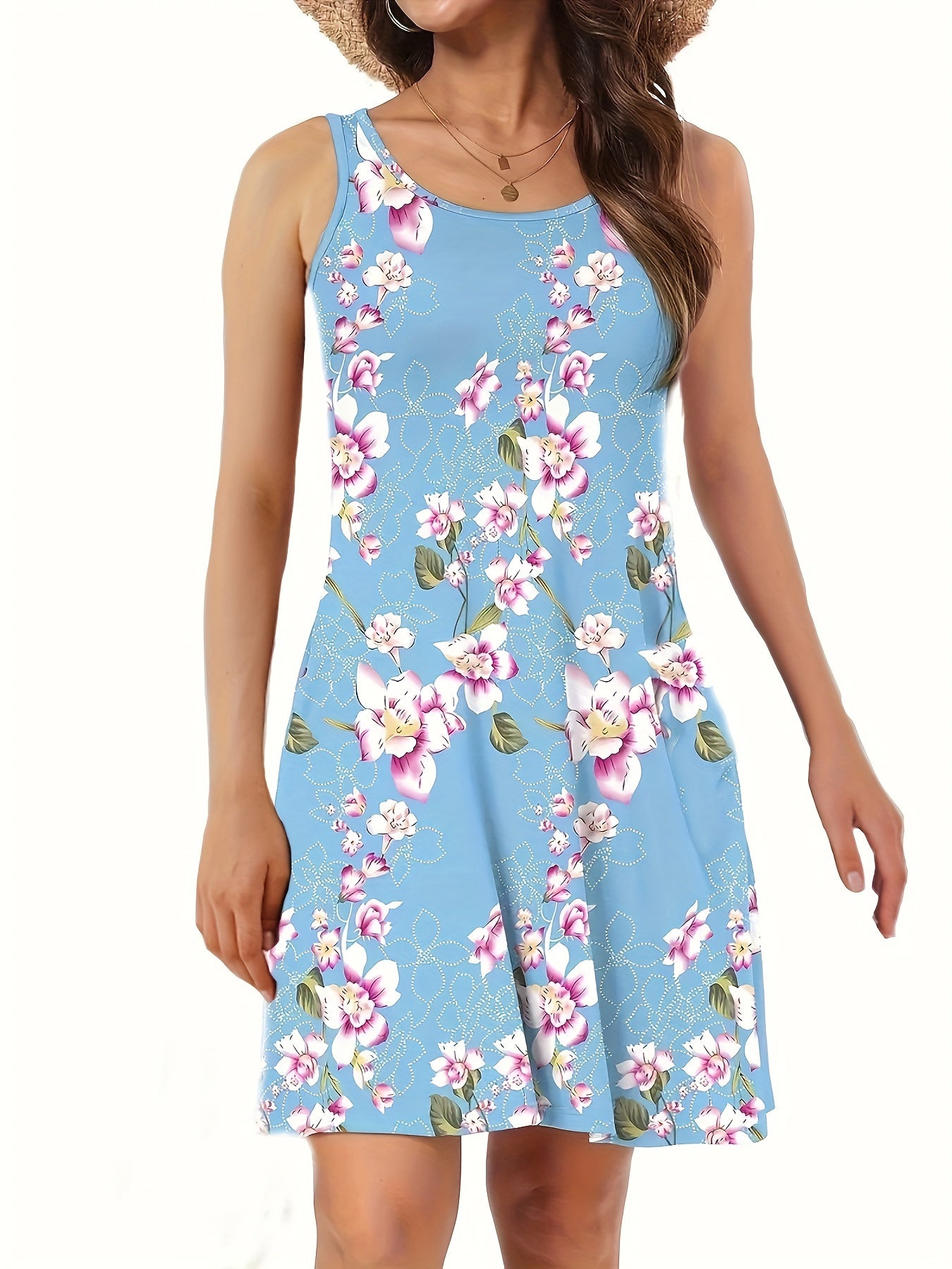 Floral Print Crew Neck Tank Dress, YOUNG Sleeveless Dress For Spring & Summer, Women's Clothing