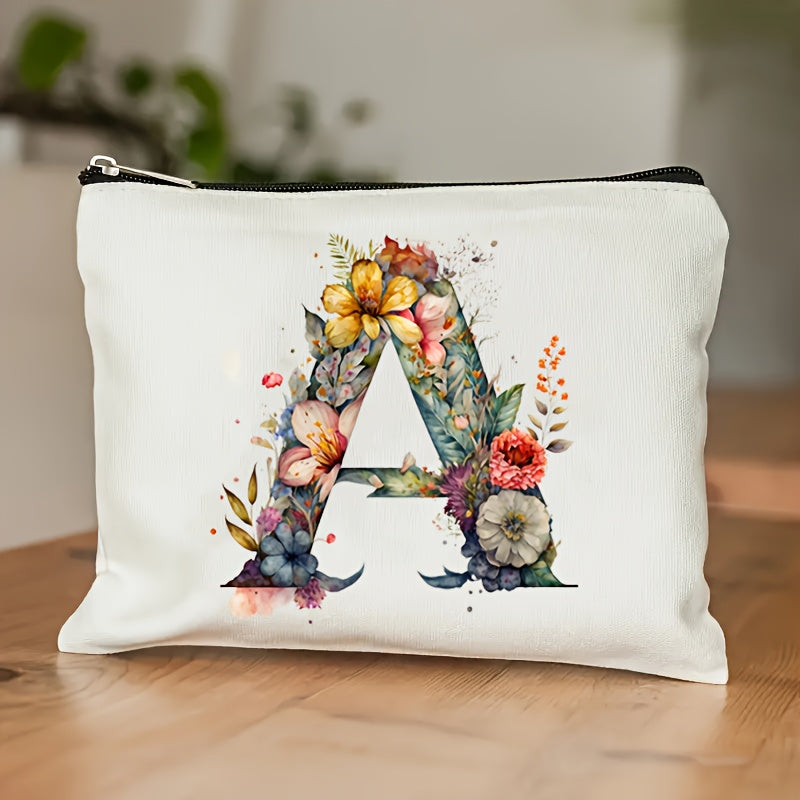 1pc Floral Alphabet Canvas Pouch, Chic Style Makeup Bag, Toiletry Organizer For Travel Use