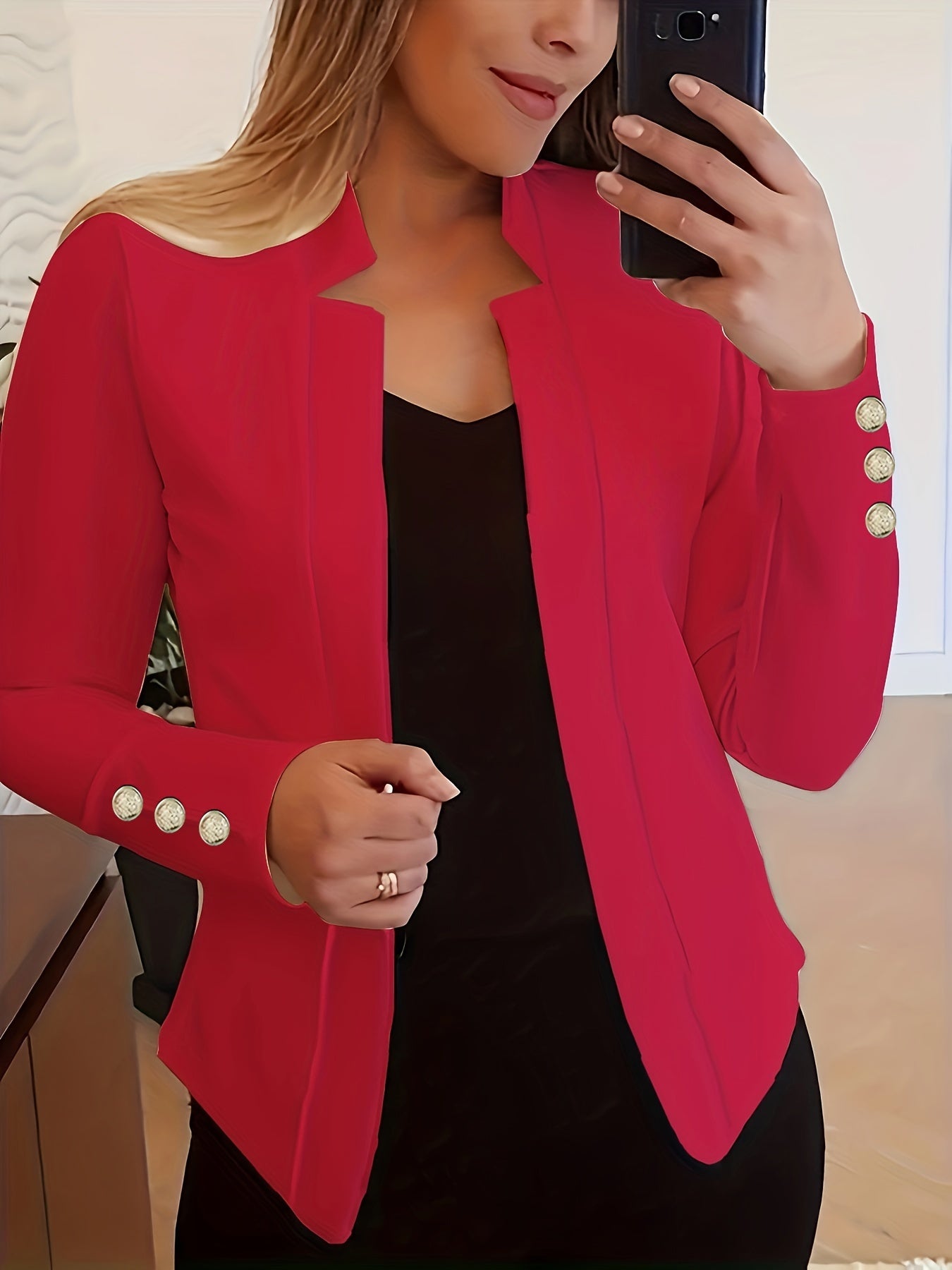 Long Sleeve Solid Color Casual Blazer - Button Front, Micro Elasticity, Polyester Fabric, Loose Fit, Regular Length - Perfect for Office & Work, Womens Clothing