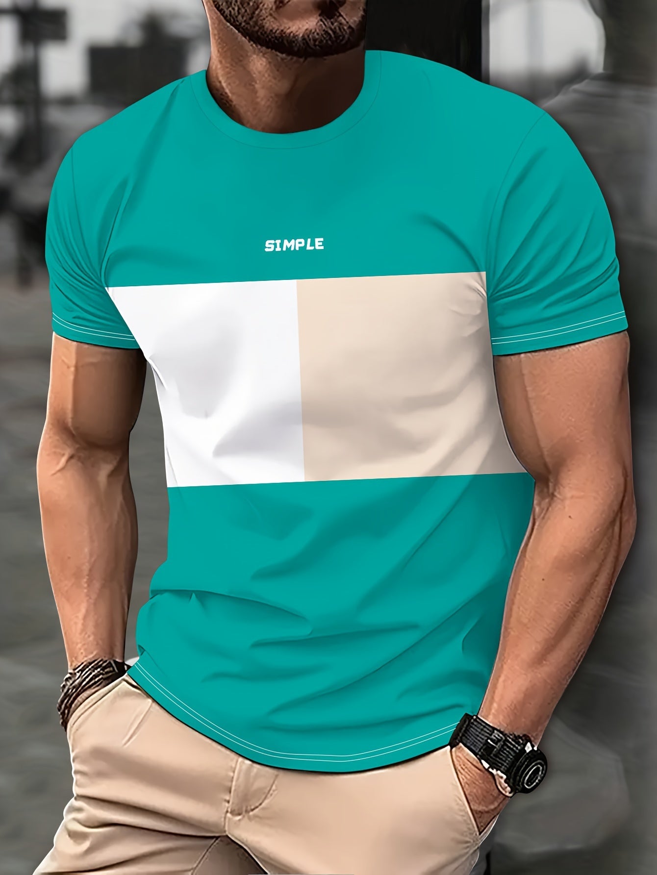 Color Block Men's Casual Short Sleeve Crew Neck T-shirt, Summer Outdoor Leisure