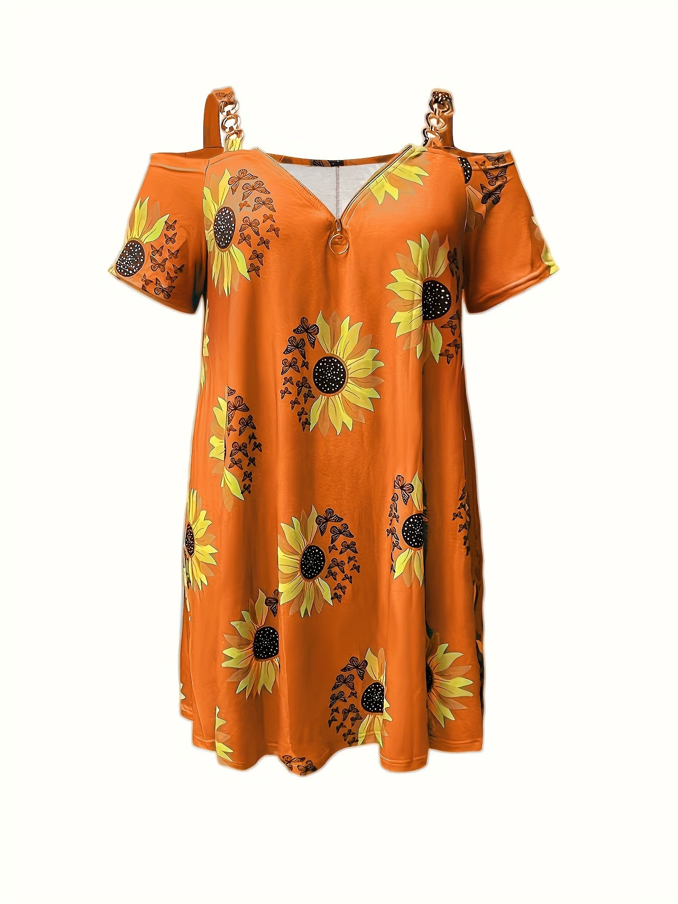 Plus Size Sunflower Print Cold Shoulder Dress, Casual Chain Detail Short Sleeve Dress For Spring & Summer, Women's Plus Size Clothing