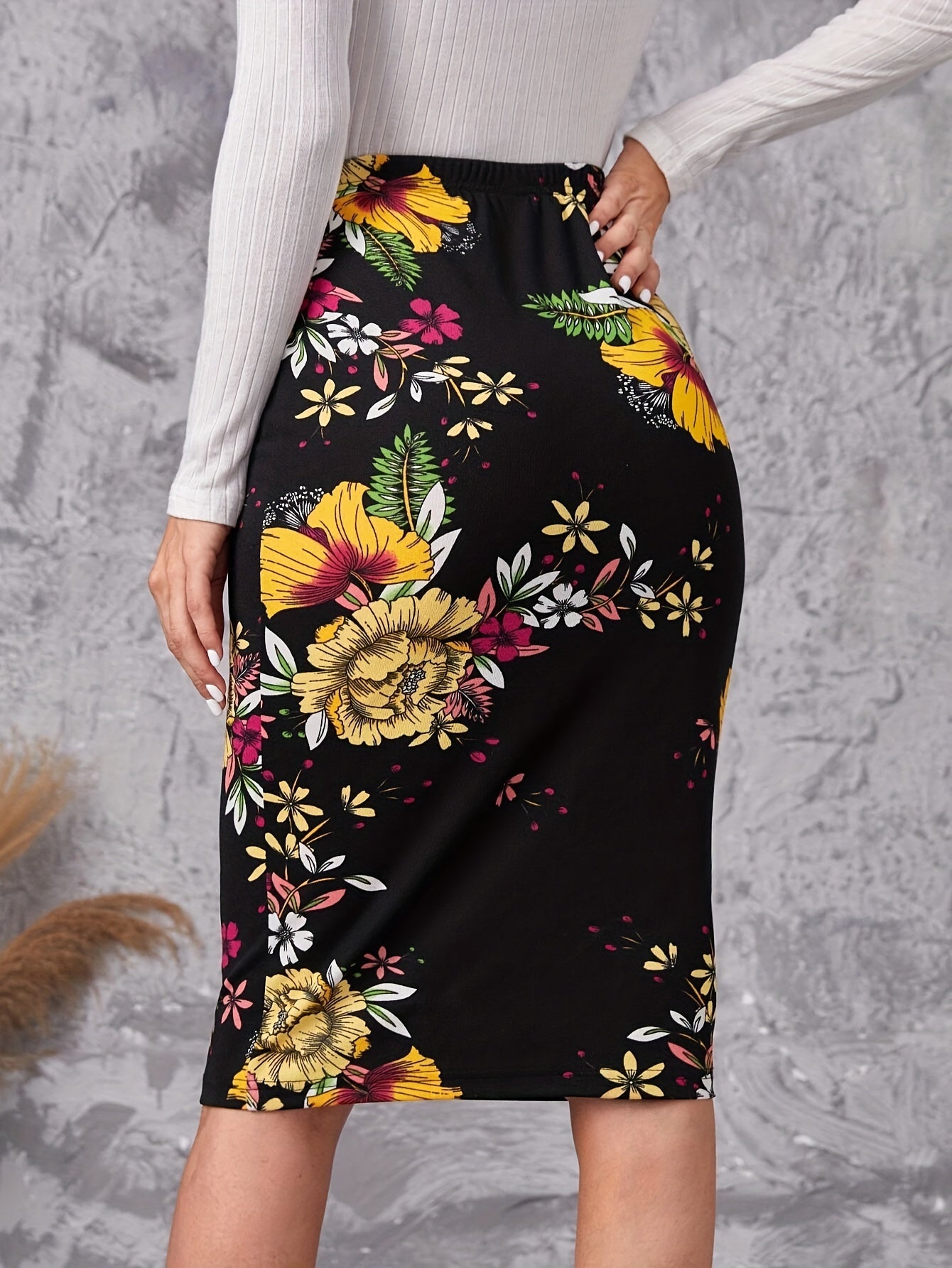 Floral Print High Waist Skirt, Elegant Knee Length Pencil Skirt, Women's Clothing