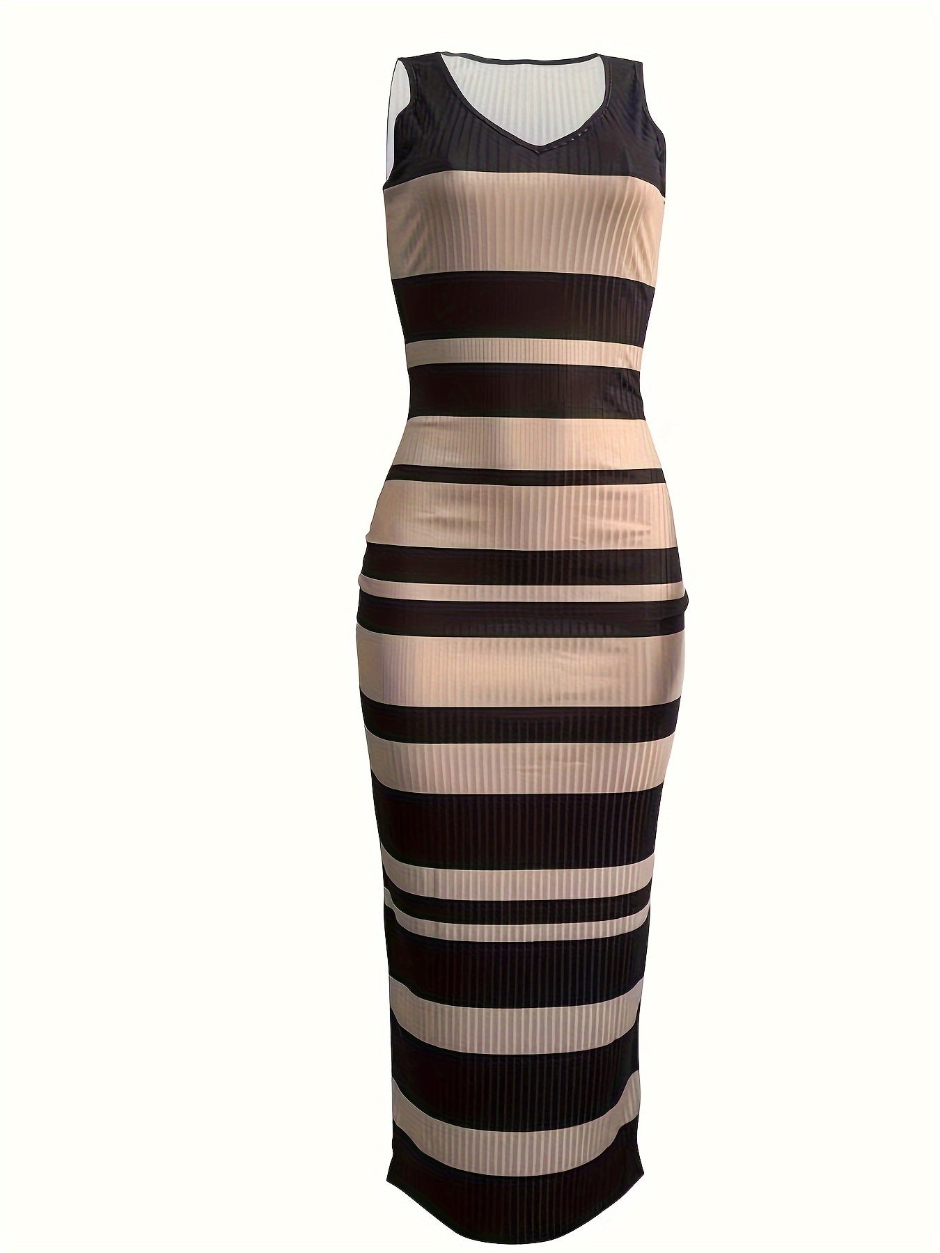 Striped Print V-neck Tank Dress, Sexy Sleeveless Bodycon Maxi Dress, Women's Clothing