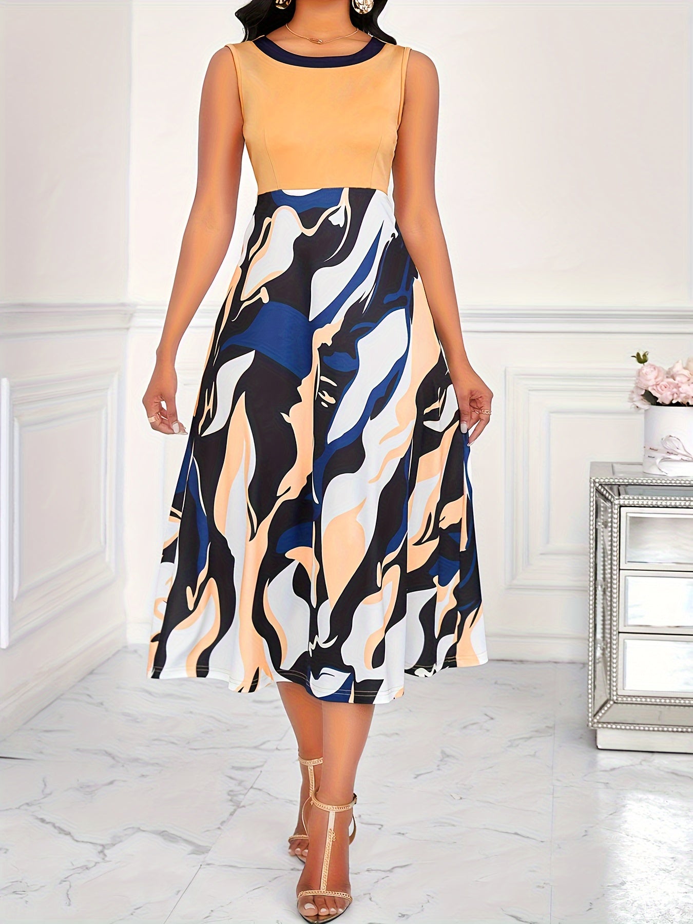 Elegant Two Piece Set, Contrast Trim Slim Half Sleeve Outwear & Abstract Print Slim Color Block Tank Dress, Women's Clothing