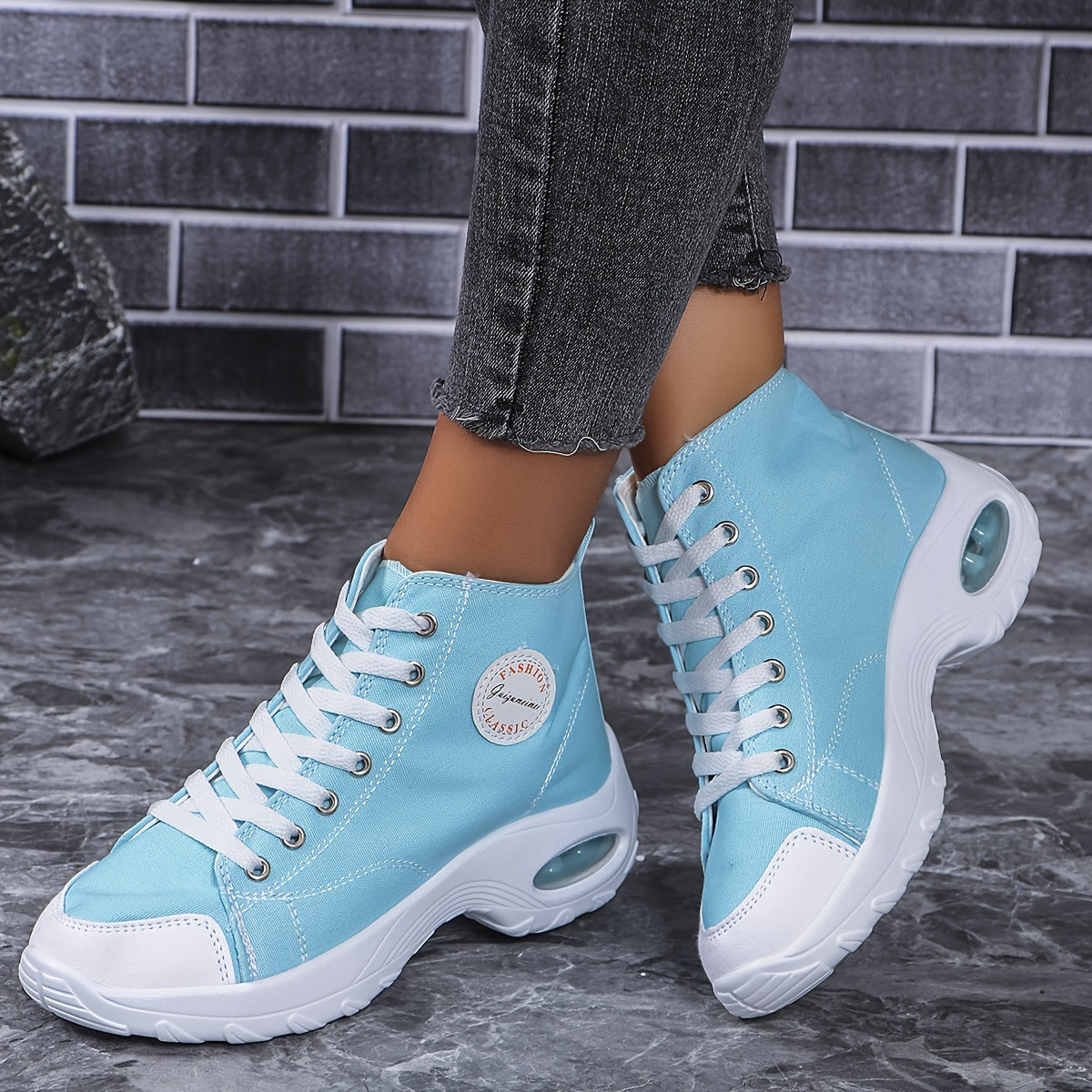 Women's Chunky Heel Canvas Shoes, Fashion Lace Up Outdoor Shoes, Comfortable Air Cushion Shoes