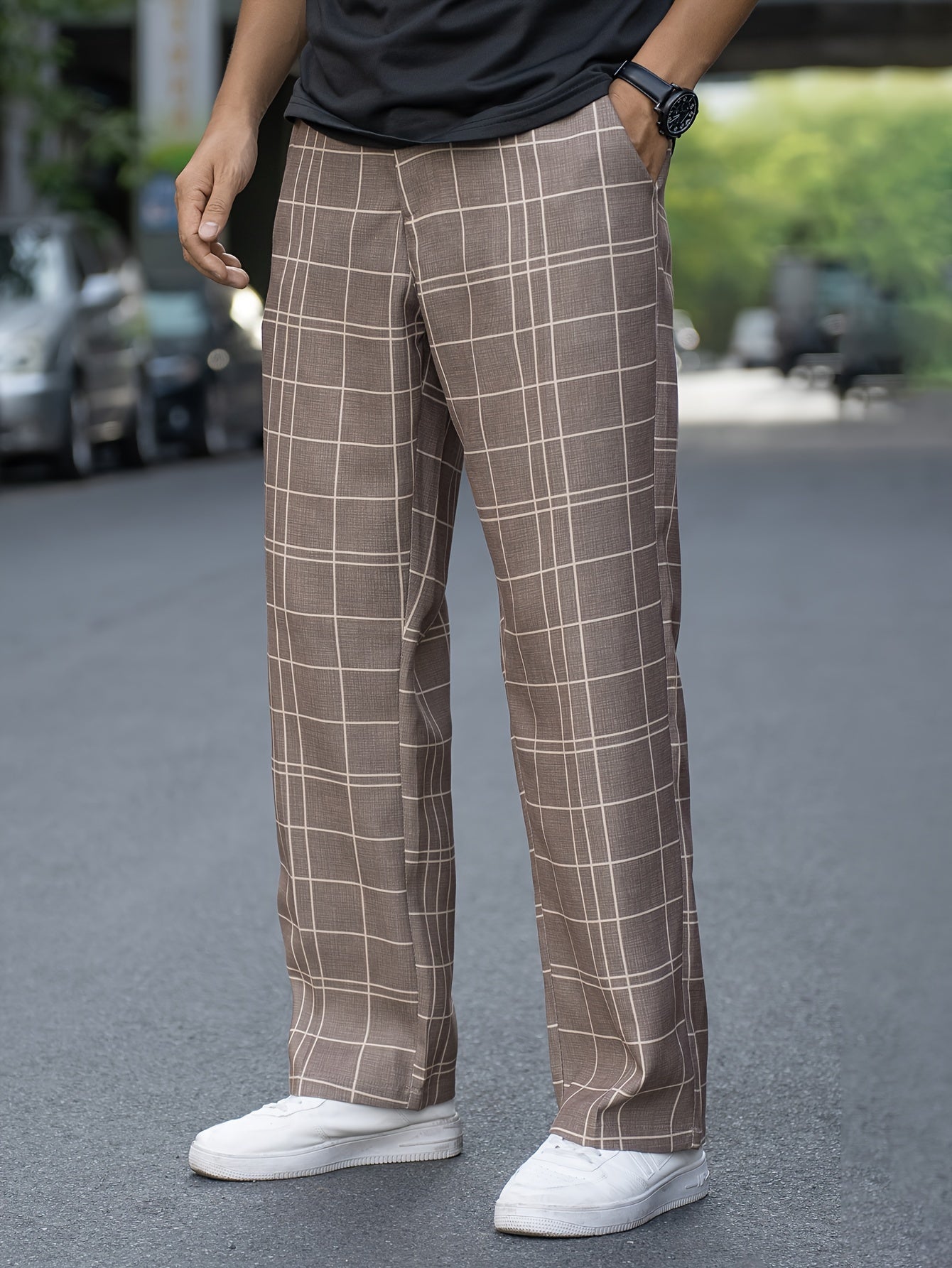 Men's Vintage-Inspired Plaid Dress Pants - Loose Fit, Straight Leg, Polyester, Non-Stretch Fabric for All Seasons