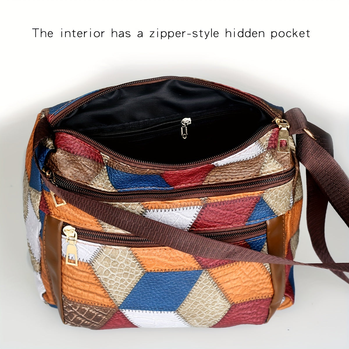 Women's Fashion Crossbody Bag With Multiple Zip Pockets, Color Block Patchwork, Large Capacity, Casual Faux Leather Shoulder Bag For Work