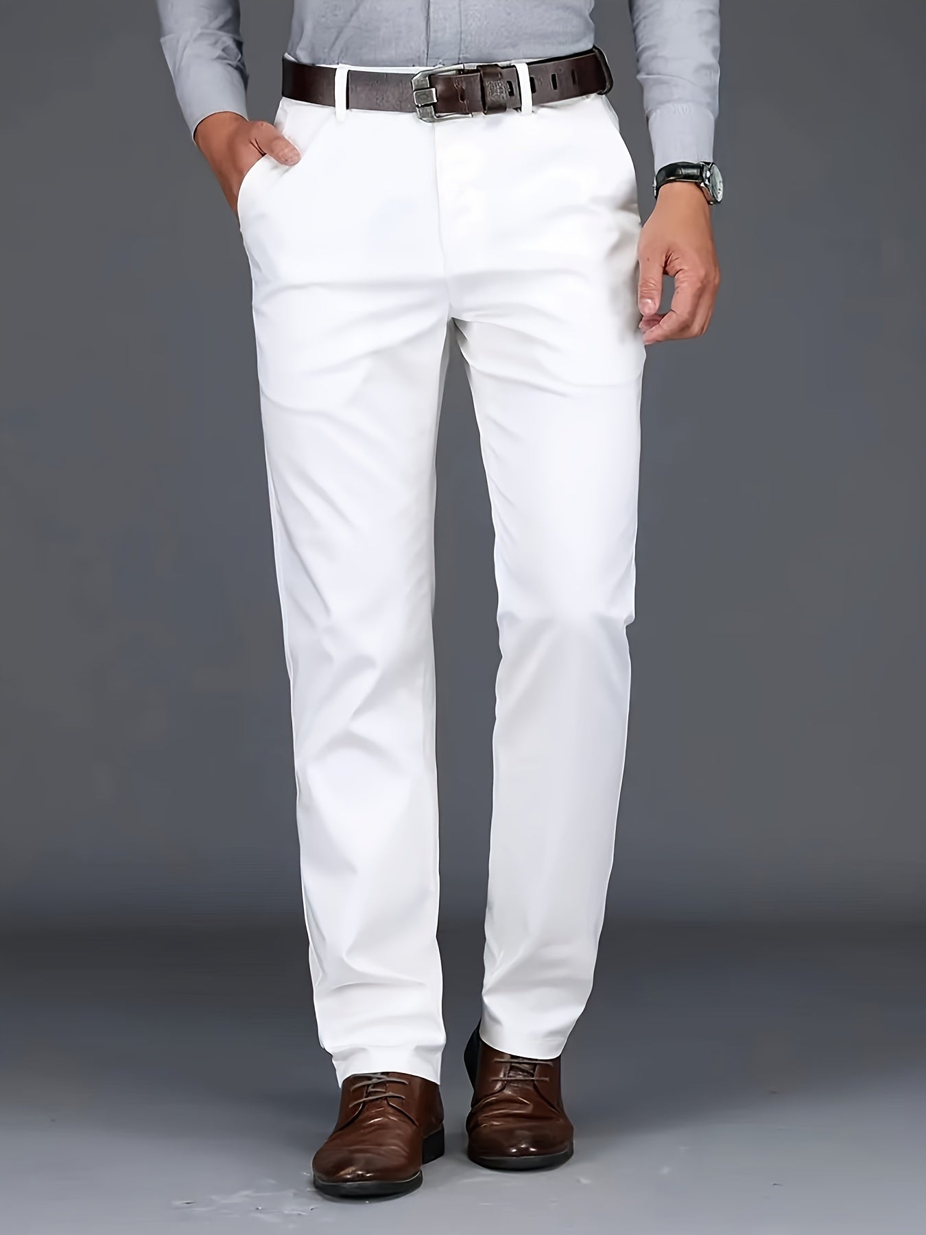 Men's Solid Color Slightly Stretch Formal Dress Pants For Business Office Occasions, All Seasons