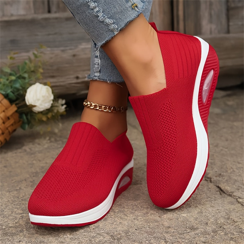 Women's Solid Color Knitted Sneakers, Platform Slip On Soft Sole Walking Shoes, Breathable Low-top Wedge Shoes fall