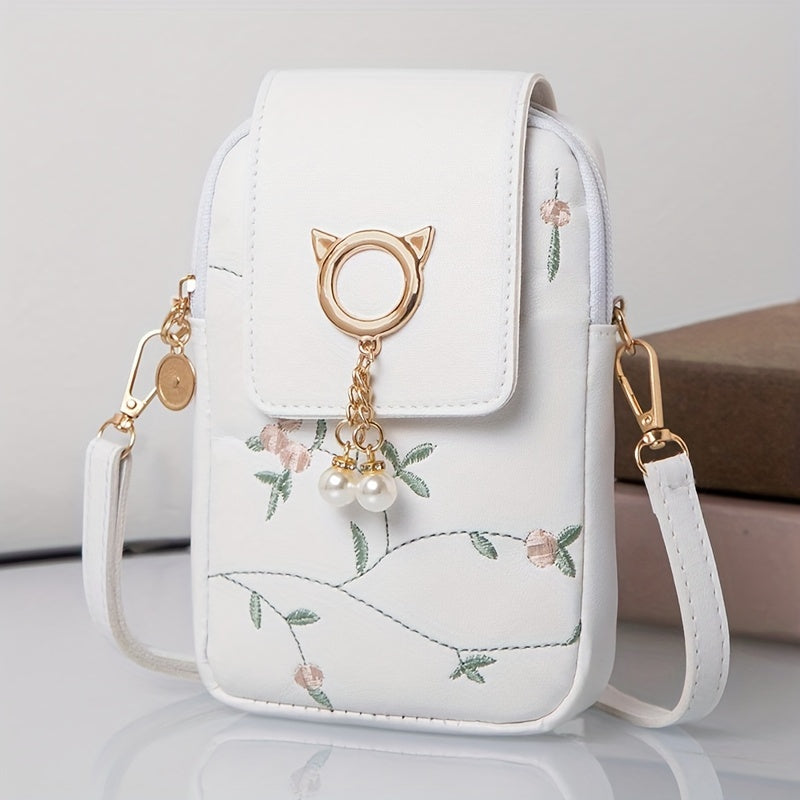 Fashion Embroidered Geometric Crossbody Bag PU Leather with Adjustable Strap, Lightweight Messenger Bag with Zipper Closure and Polyester Lining, Chic Metal Decor Shoulder Bag for Various Occasions