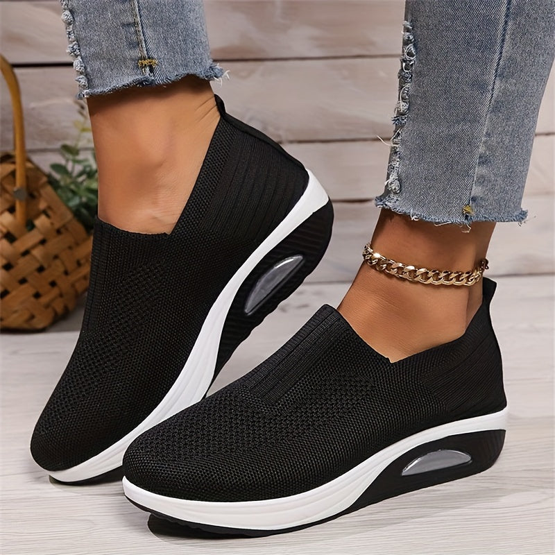 Women's Solid Color Knitted Sneakers, Platform Slip On Soft Sole Walking Shoes, Breathable Low-top Wedge Shoes fall