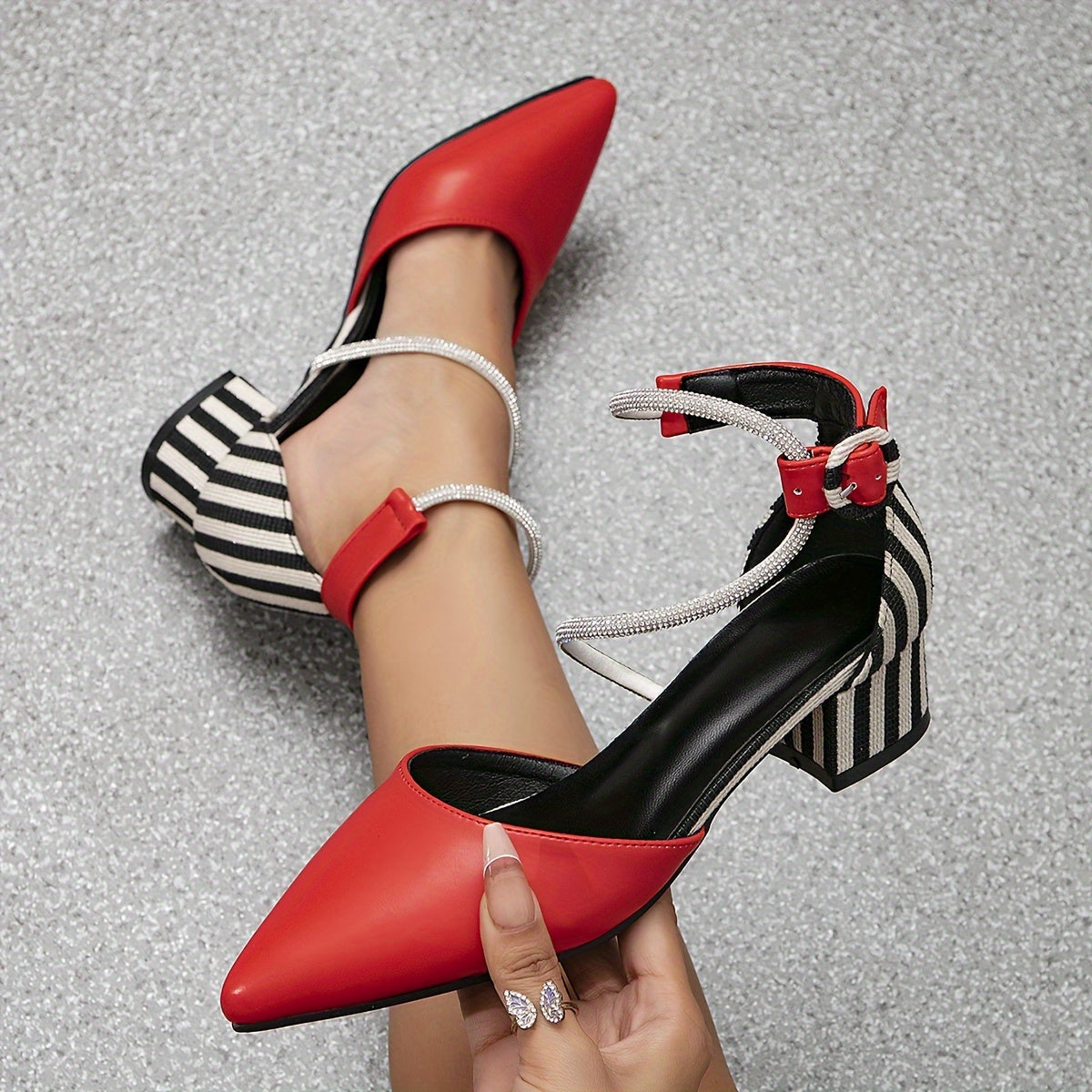 Red Pointed Toe Pumps with Stripe Block Heel, Fashion Mid Heel Wingtip Ankle Strap Shoes, Professional Daily Fall Season Pumps, Non-Washable Solid Color Design, Man Made Materials with TPU Sole, Huizhou-Originated