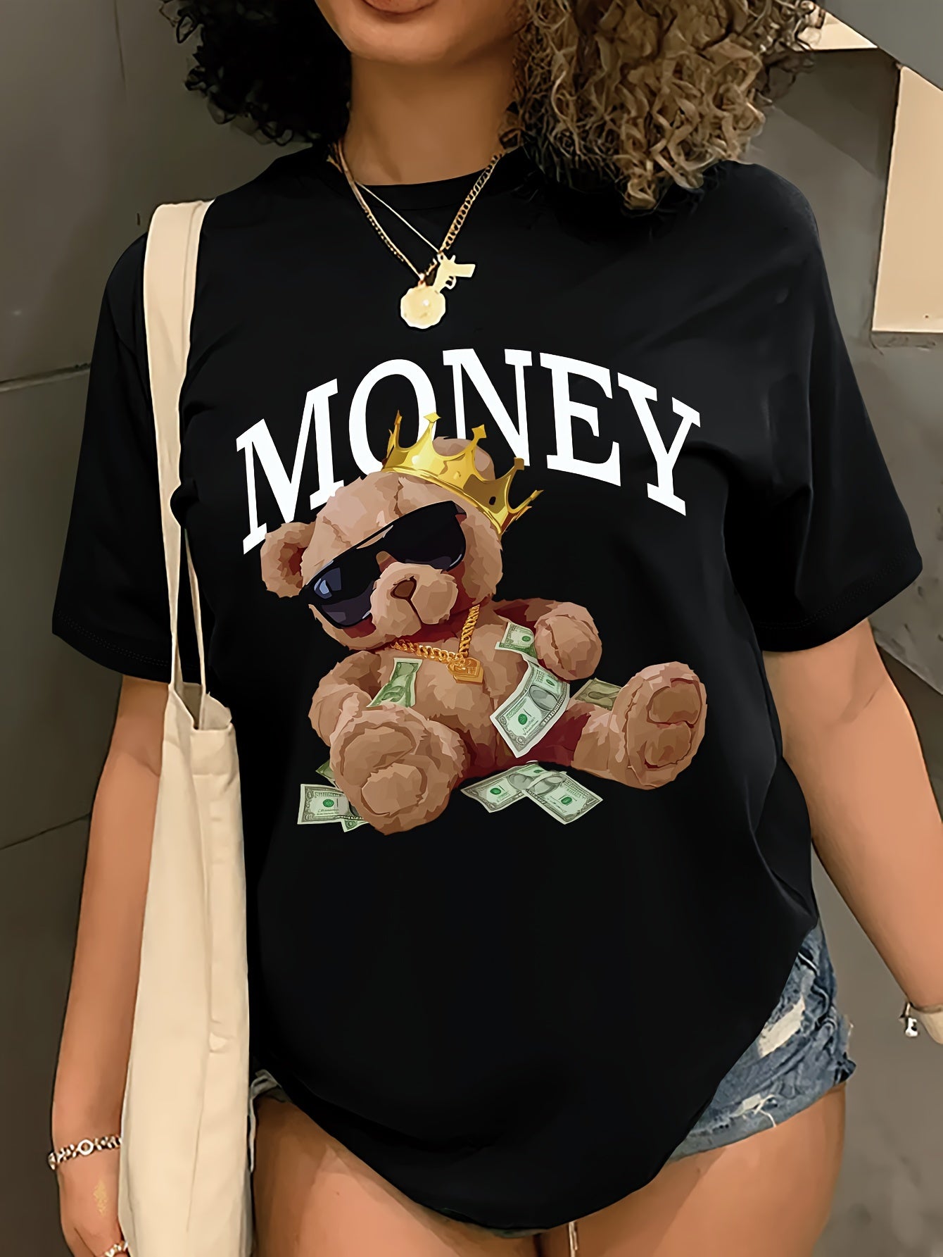 Plus Size MONEY & Cartoon Bear Print T-shirt, Casual Short Sleeve Crew Neck Top For Spring & Summer, Women's Plus Size Clothing