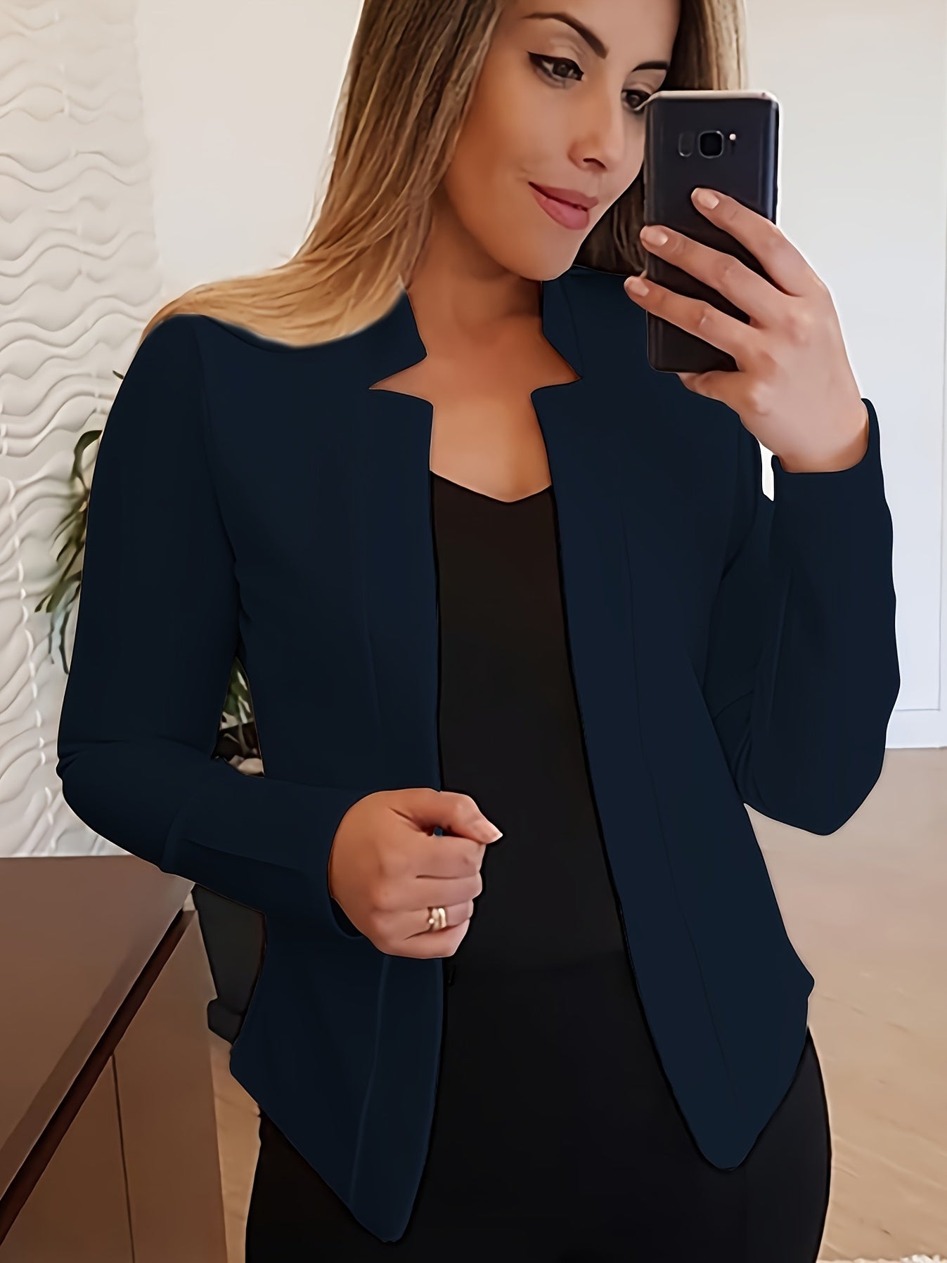 Solid Open Front Blazer, Elegant Long Sleeve Work Office Outerwear, Women's Clothing